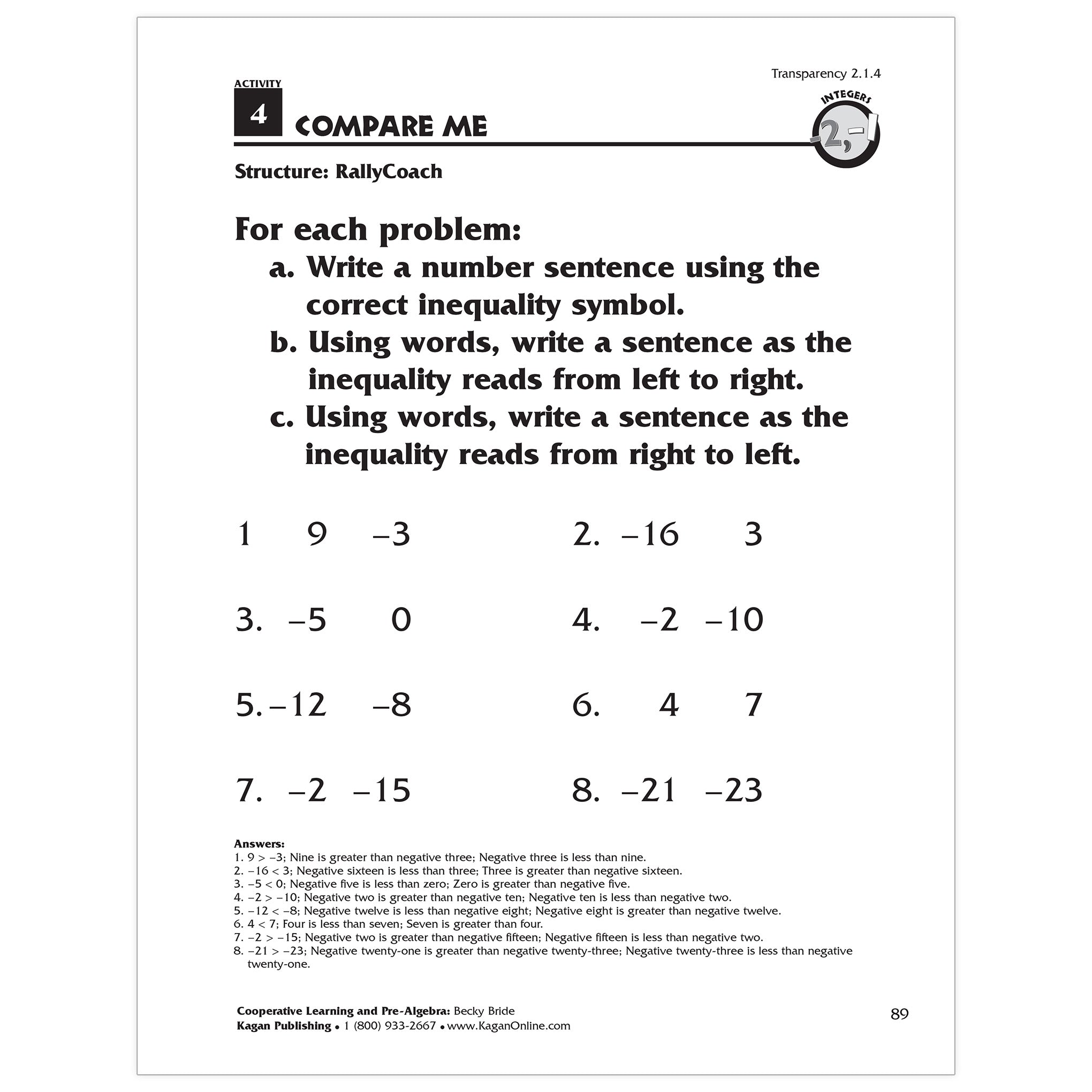 Cooperative Learning & Pre-Algebra Secondary Activities Book, Grade 6-10
