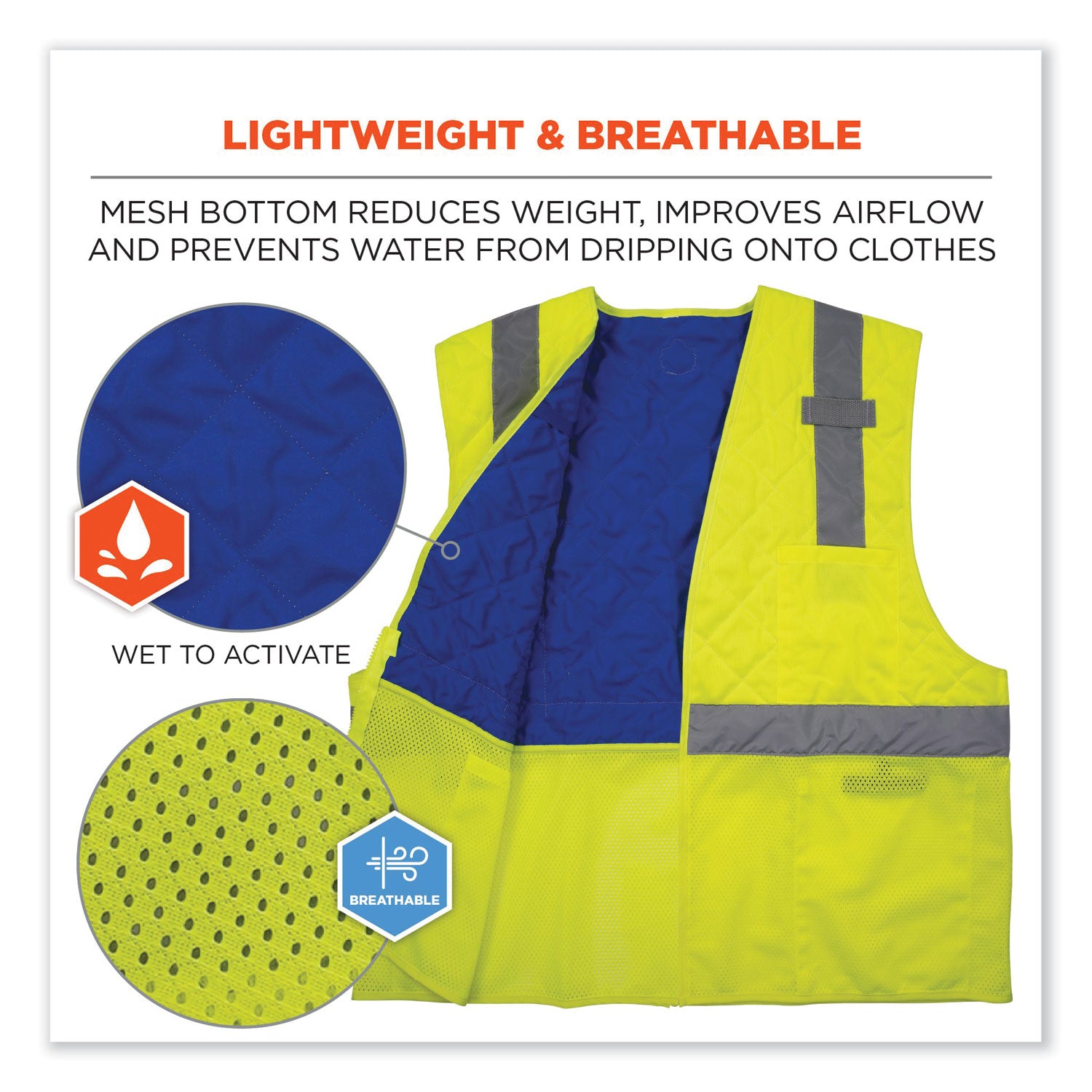 Ergodyne Chill-Its 6668 Hi-Vis Safety Cooling Vest, 2X-Large, Lime, Zipper Closure, 2 Pockets, Polyester/Nylon, Lightweight, Breathable, Reflective Strap, Water Repellent, 1 Each