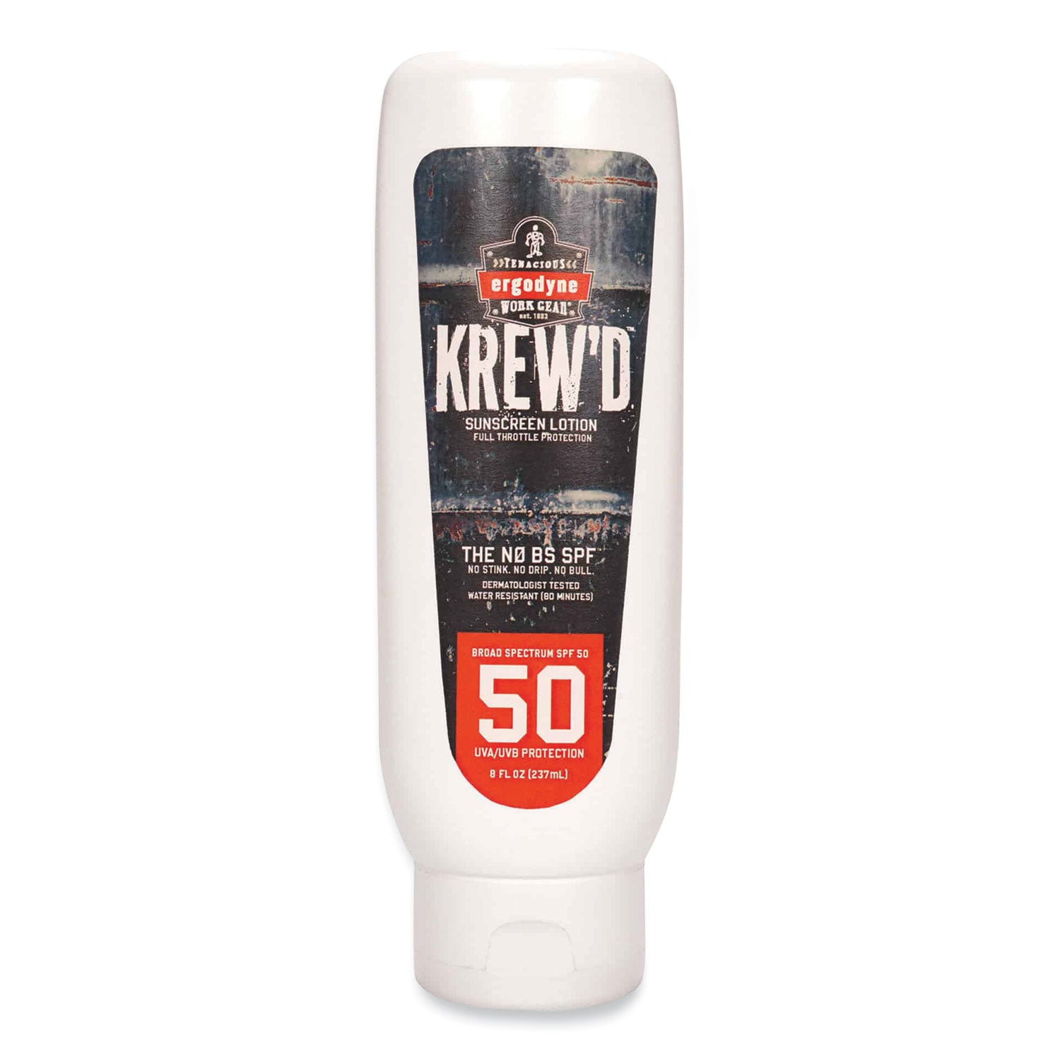 Ergodyne 6351 SPF 50 Sunscreen Lotion, 8 fl oz, Non-fragrance, Water & Sweat Resistant, Lightweight, Non-greasy, Absorbs Quickly, Paraben-free, Phthalates-free, Hypoallergenic, Fragrance-free, 1 Each