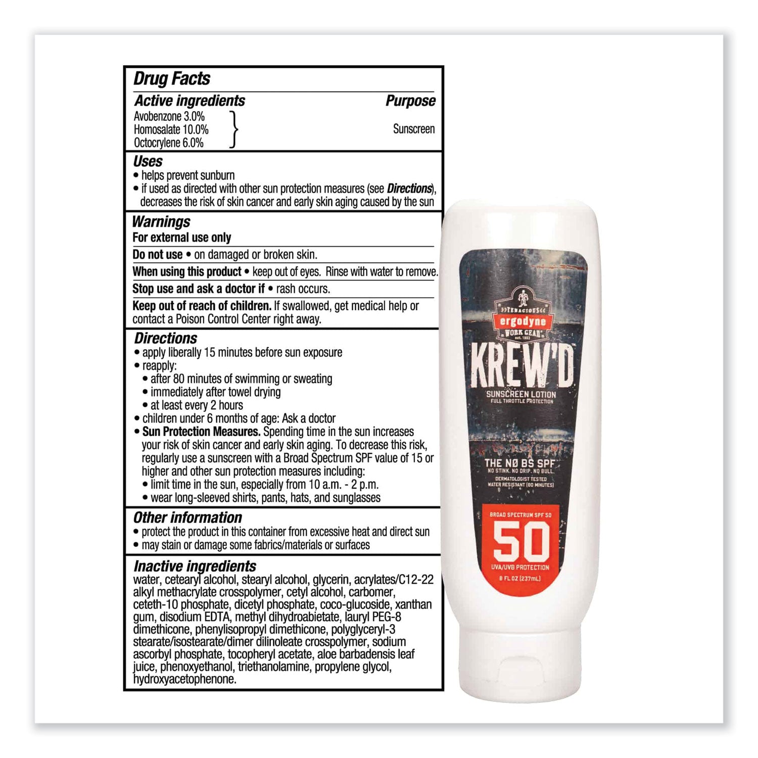 Ergodyne 6351 SPF 50 Sunscreen Lotion, 8 fl oz, Non-fragrance, Water & Sweat Resistant, Lightweight, Non-greasy, Absorbs Quickly, Paraben-free, Phthalates-free, Hypoallergenic, Fragrance-free, 1 Each