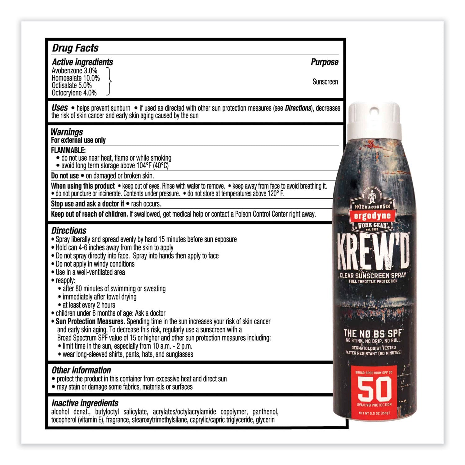 Ergodyne 6353 SPF 50 Sunscreen Spray, 5.50 fl oz, Water & Sweat Resistant, UVA/UVB Protection, Lightweight, Non-greasy, Hypoallergenic, Paraben-Free, 1 Each