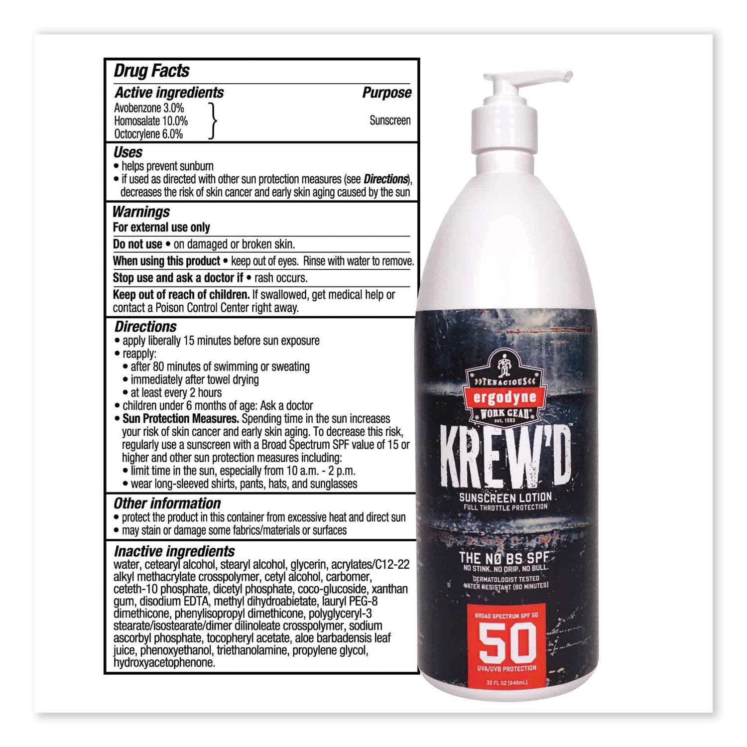 Ergodyne 6355 SPF 50 Sunscreen Lotion, 1 Quart, Non-fragrance, Water Resistant, Lightweight, Non-greasy, Absorbs Quickly, Paraben-free, Phthalates-free, Hypoallergenic, Fragrance-free, Sweat Resistant, 1 Each