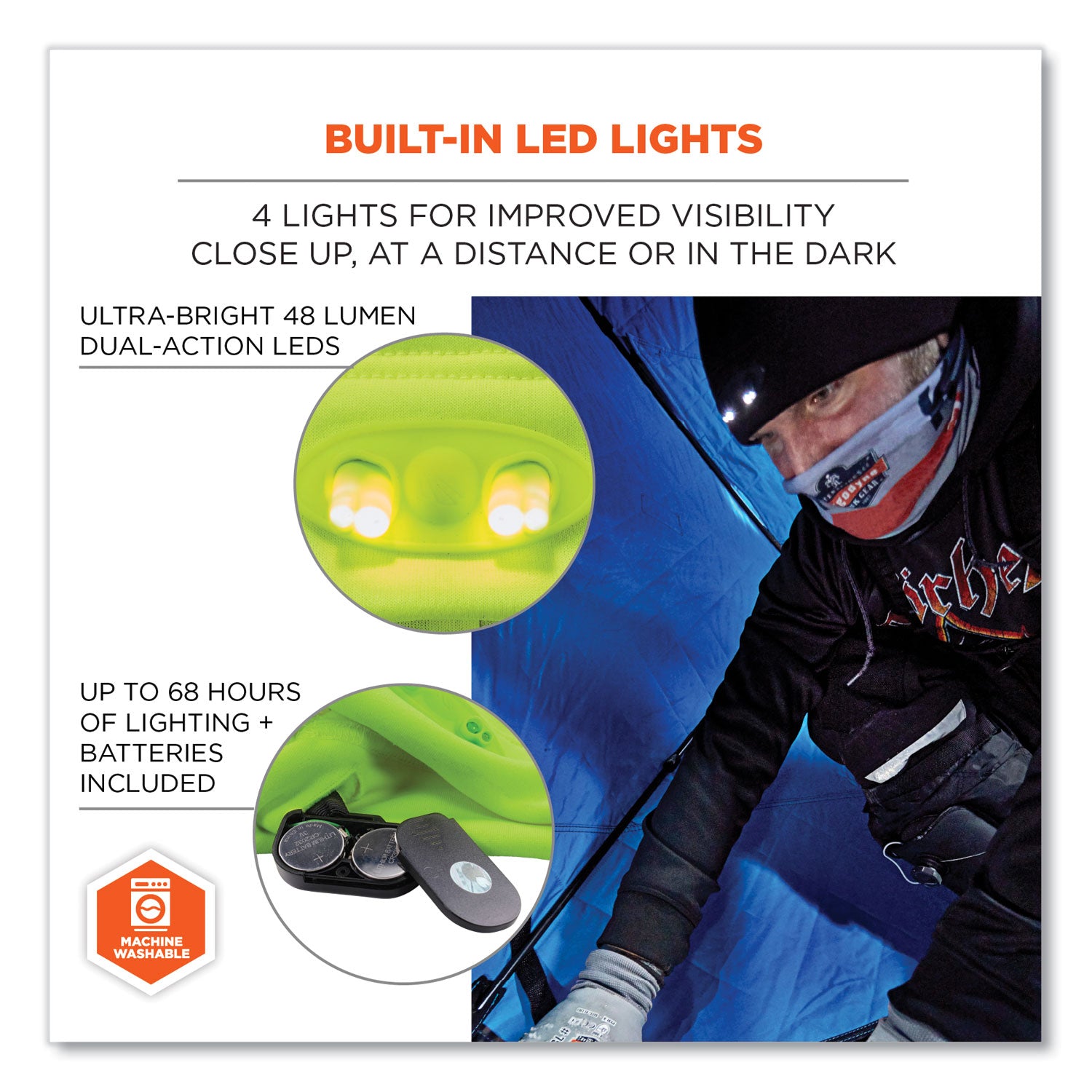 Ergodyne 6804 Skull Cap Beanie Hat with LED Lights, Fleece, Lime, 1 Each