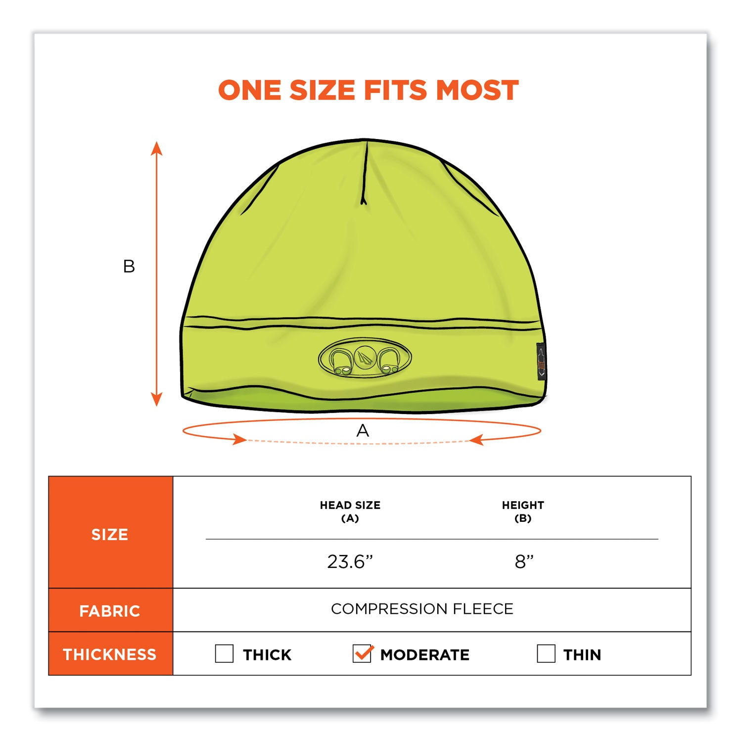 Ergodyne 6804 Skull Cap Beanie Hat with LED Lights, Fleece, Lime, 1 Each