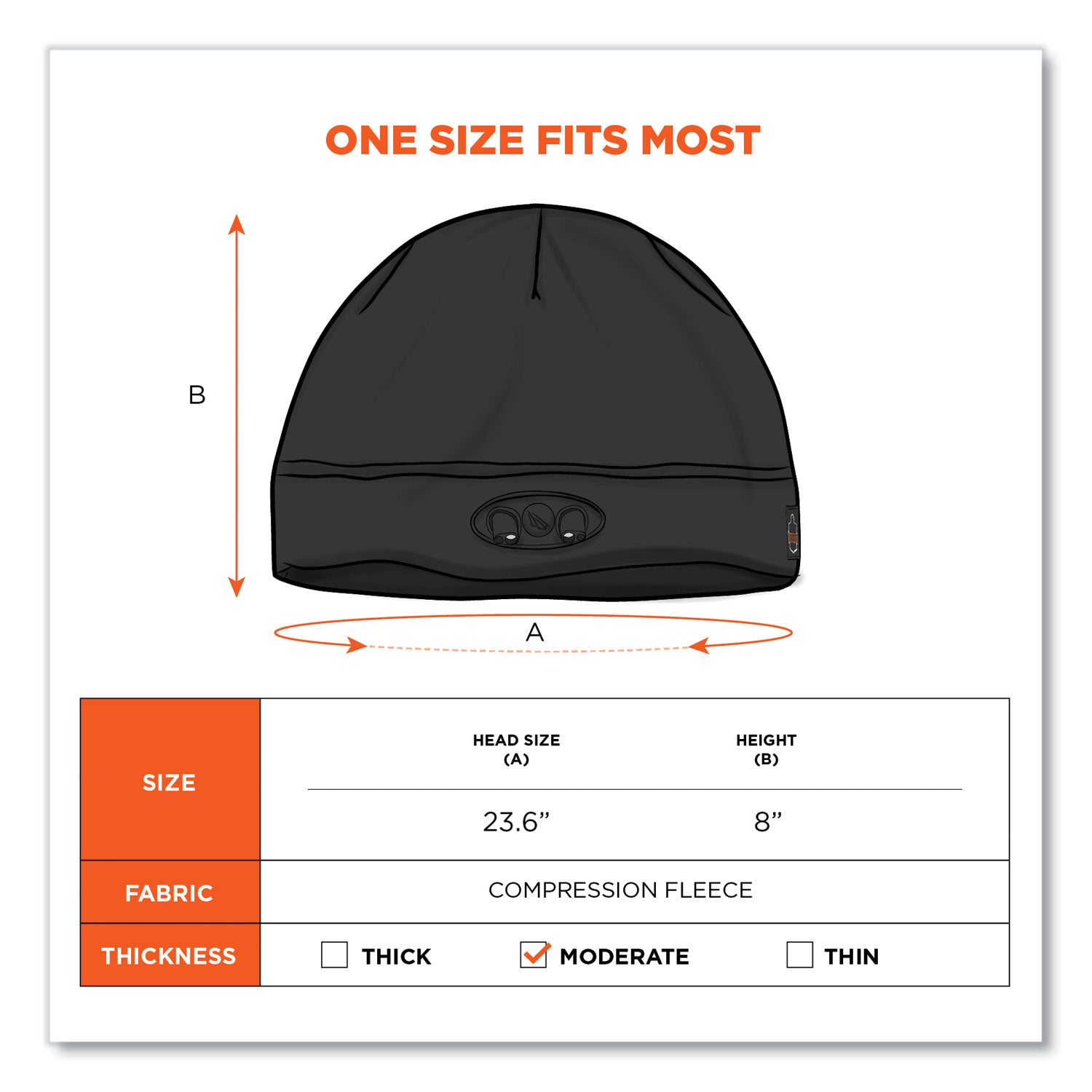 Ergodyne N-Ferno 6804 Skull Cap Beanie Hat with LED Lights, Fleece, Black, 1 Each