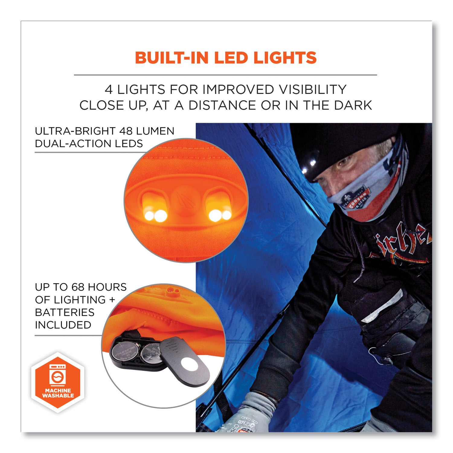 Ergodyne N-Ferno 6804 Skull Cap Beanie Hat with LED Lights, Fleece, Orange, 1 Each