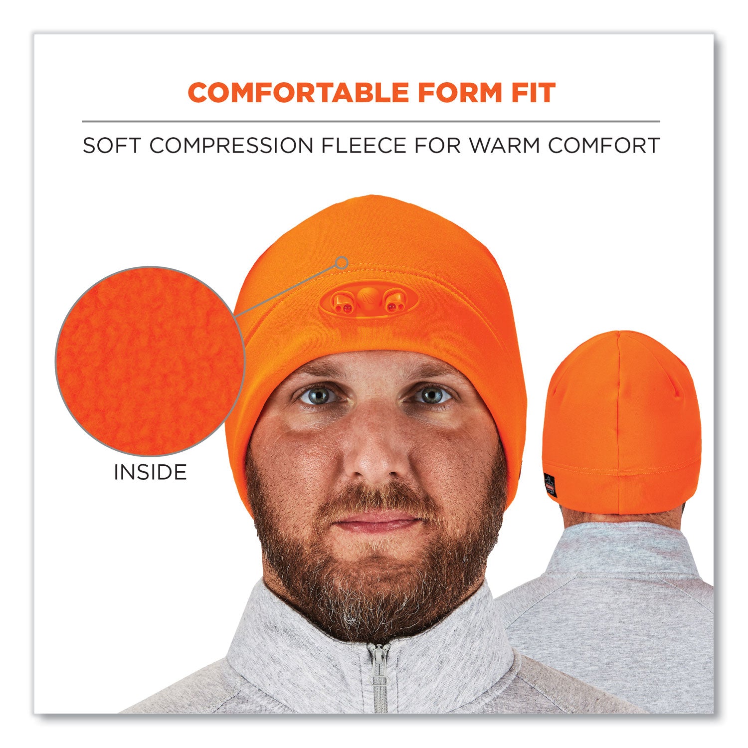 Ergodyne N-Ferno 6804 Skull Cap Beanie Hat with LED Lights, Fleece, Orange, 1 Each
