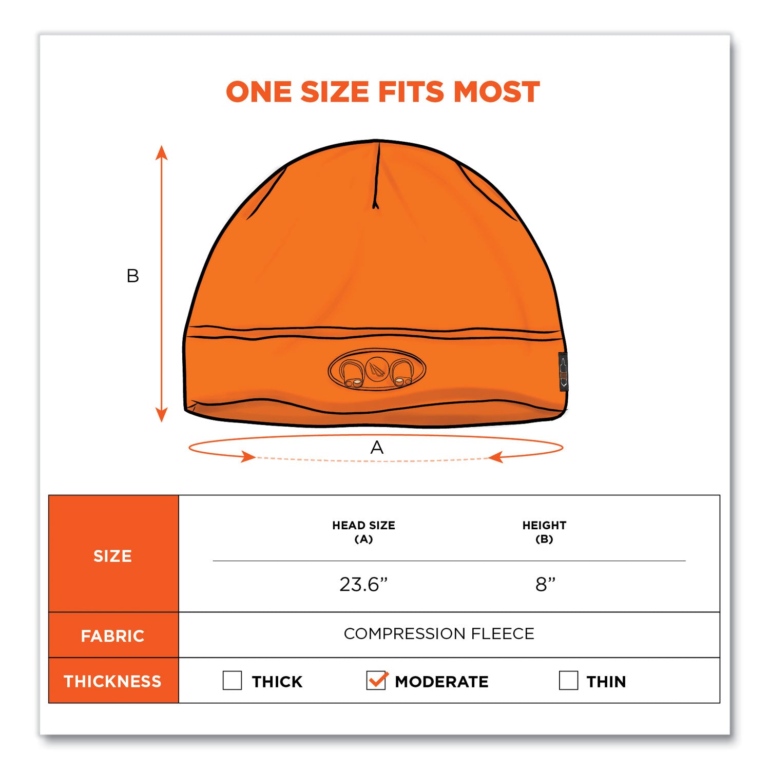 Ergodyne N-Ferno 6804 Skull Cap Beanie Hat with LED Lights, Fleece, Orange, 1 Each