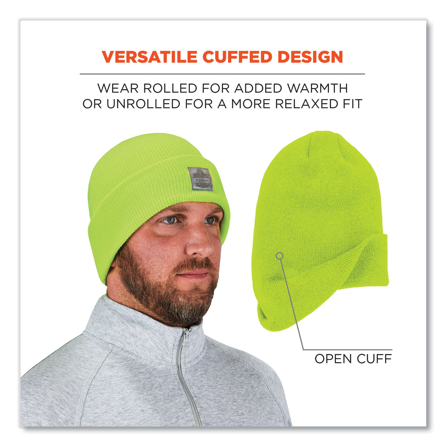 Ergodyne 6806 Cuffed Rib Knit Beanie Hat, Acrylic, Lime, 6 per Carton