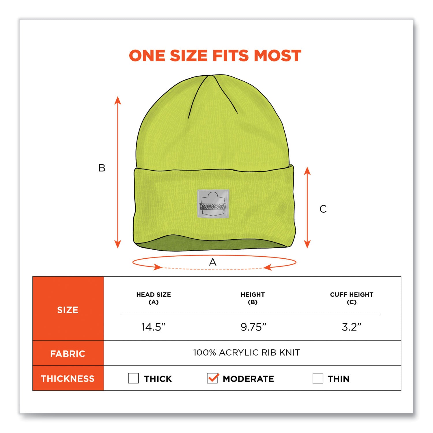Ergodyne 6806 Cuffed Rib Knit Beanie Hat, Acrylic, Lime, 6 per Carton