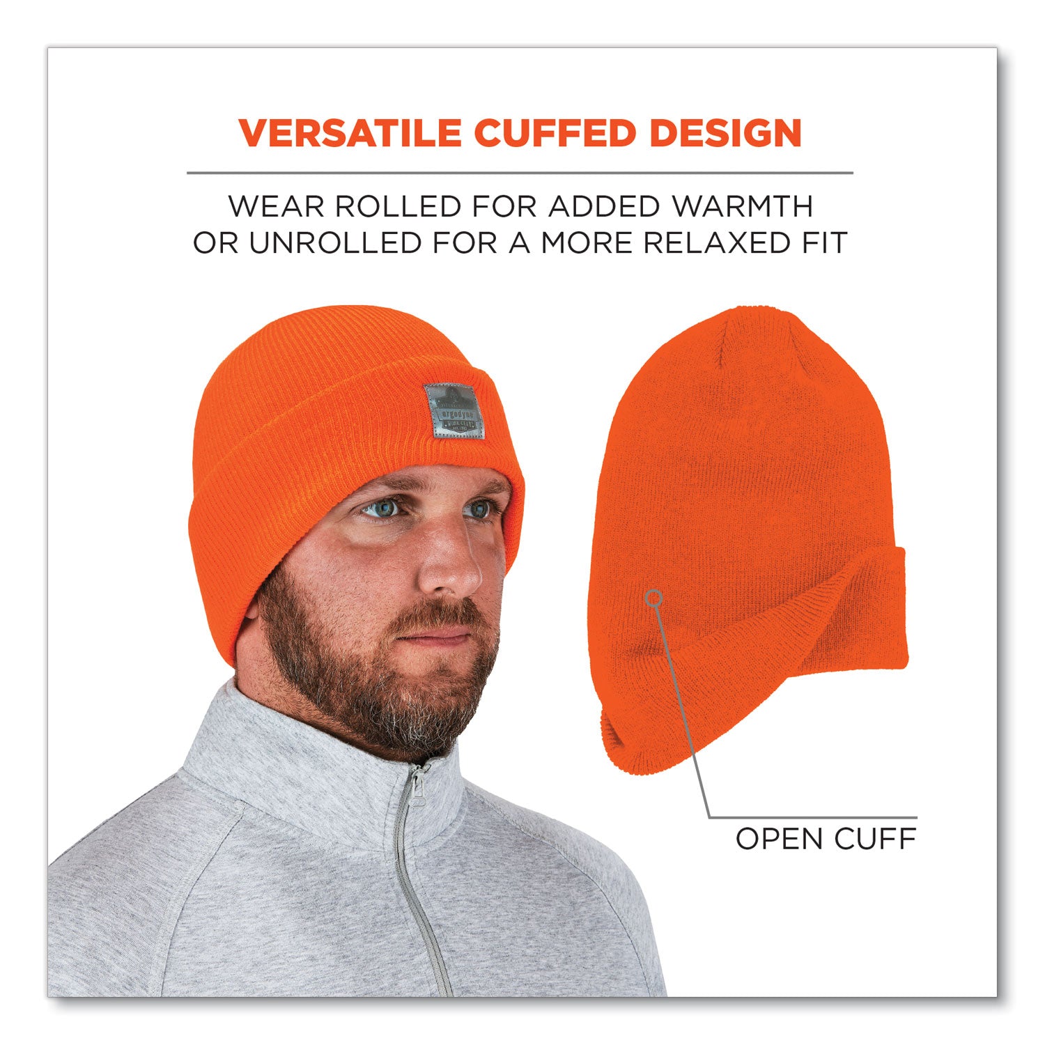 Ergodyne N-Ferno 6806 Cuffed Rib Knit Beanie Hat, Acrylic, Orange, 6 per Carton