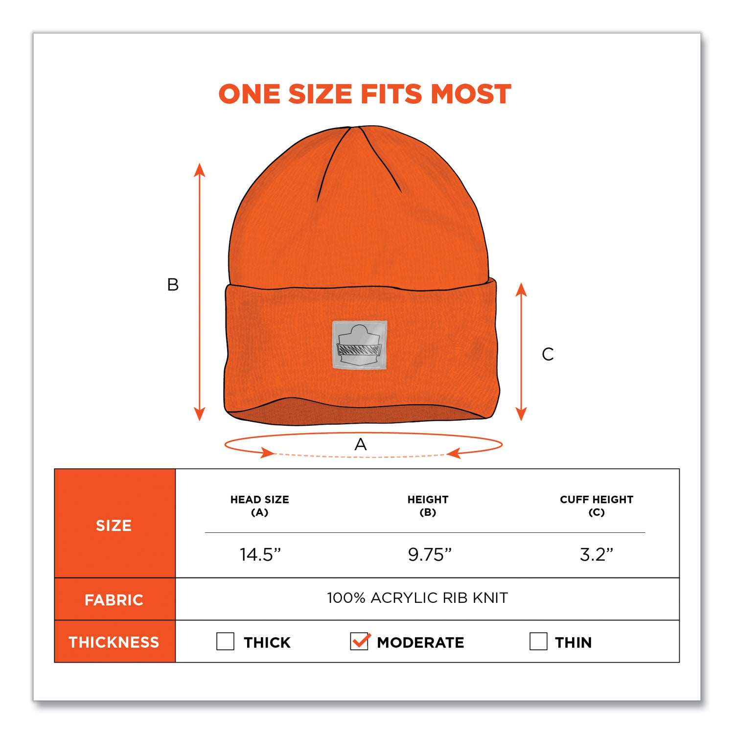 Ergodyne N-Ferno 6806 Cuffed Rib Knit Beanie Hat, Acrylic, Orange, 6 per Carton
