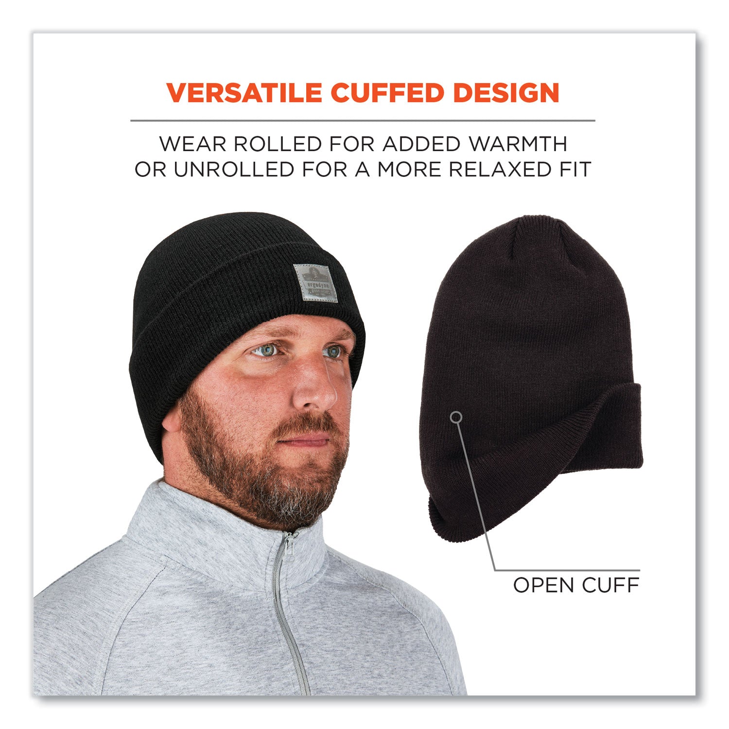 Ergodyne 6806 Cuffed Rib Knit Beanie Hat, Acrylic, Black, 6 per Carton