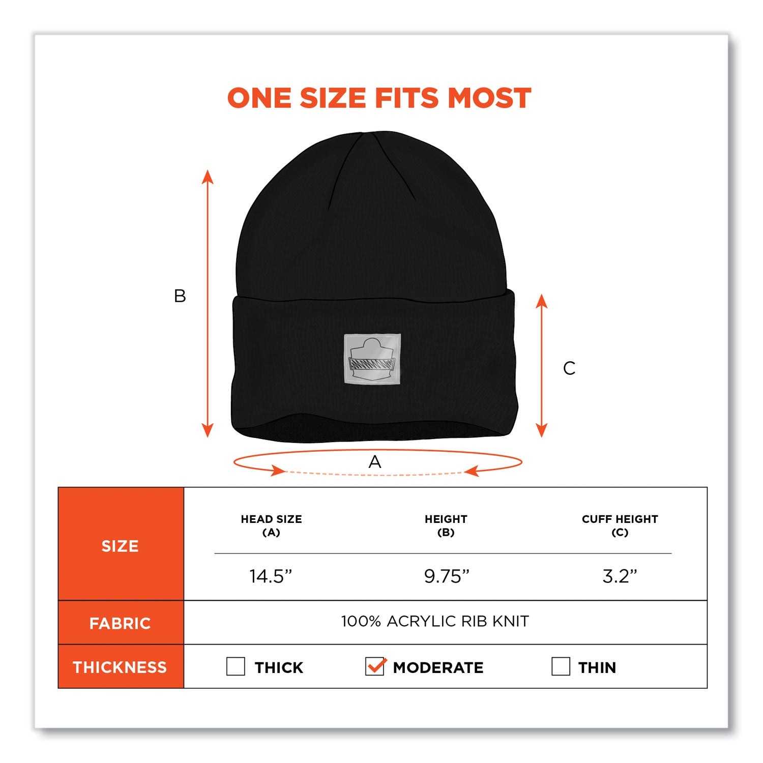 Ergodyne 6806 Cuffed Rib Knit Beanie Hat, Acrylic, Black, 6 per Carton