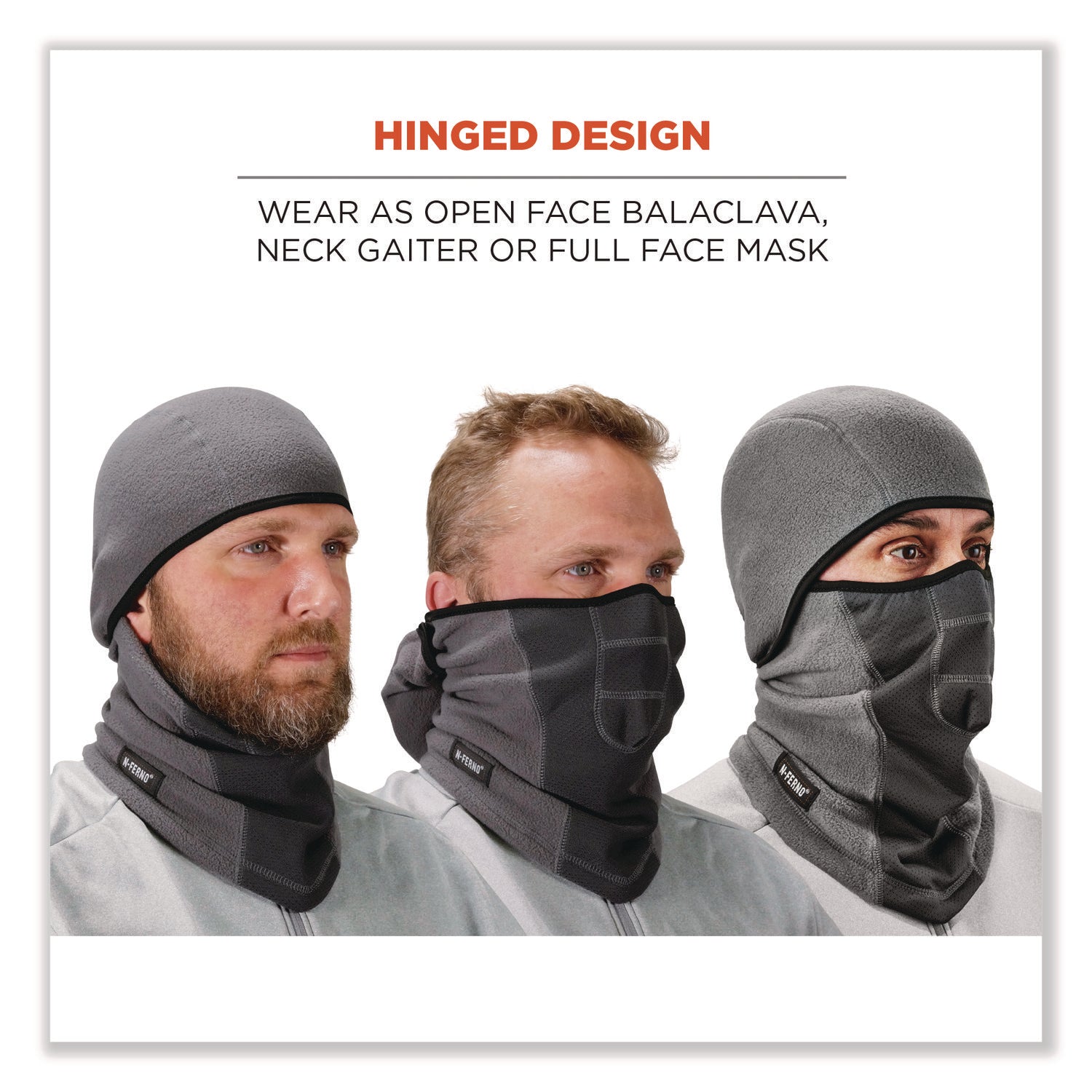Ergodyne N-Ferno 6823 Balaclava Face Mask - Wind-Proof, Hinged Design - Fabric, Fleece - Gray