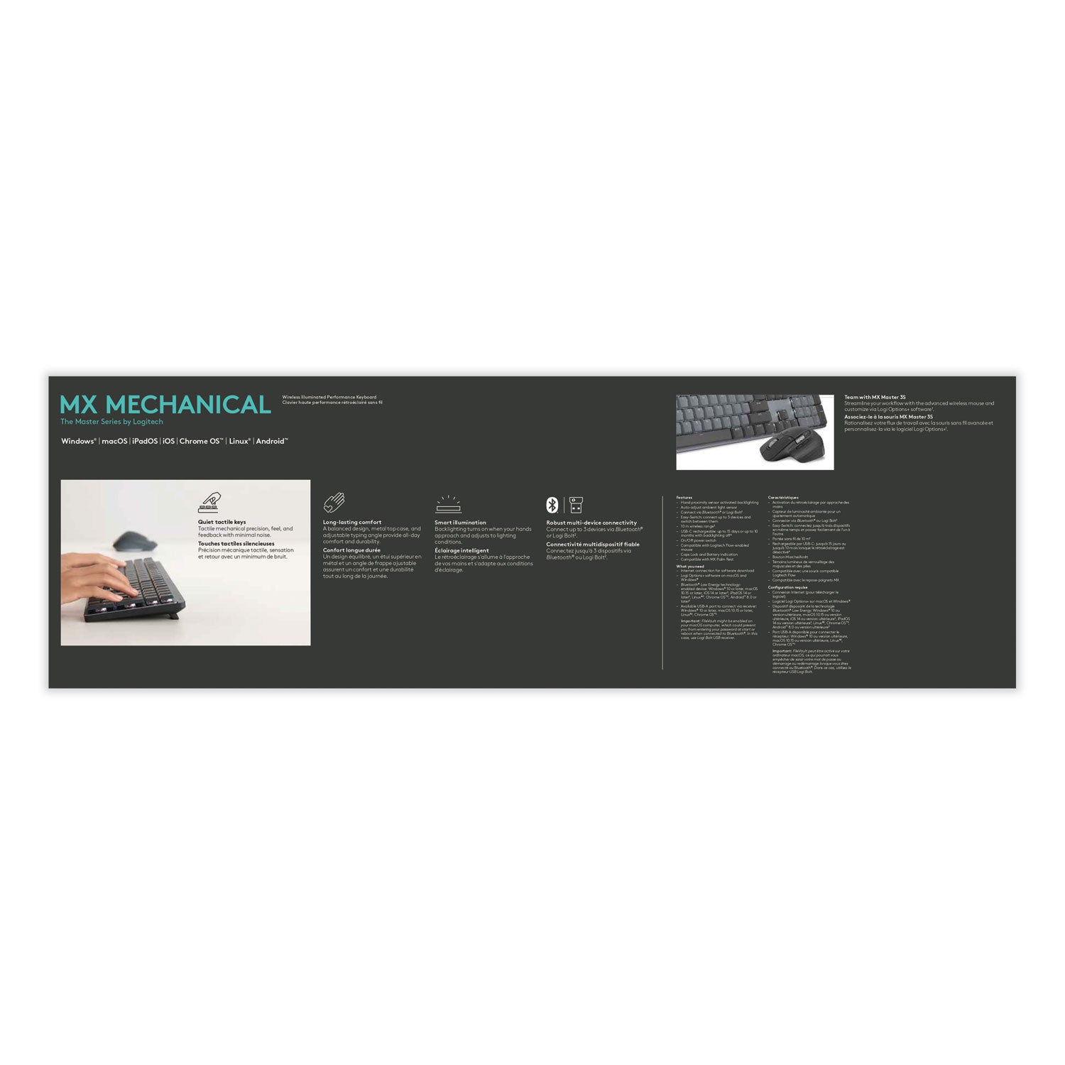 Wireless Connectivity - Bluetooth - 33 ft - USB Interface - Windows 10, Windows 11, macOS 10.15, iOS 14, iPadOS 14, Linux, ChromeOS, Android 8.0 - PC, Mac - Mechanical Keyswitch - Proprietary Battery Size Battery Size Supported - Graphite