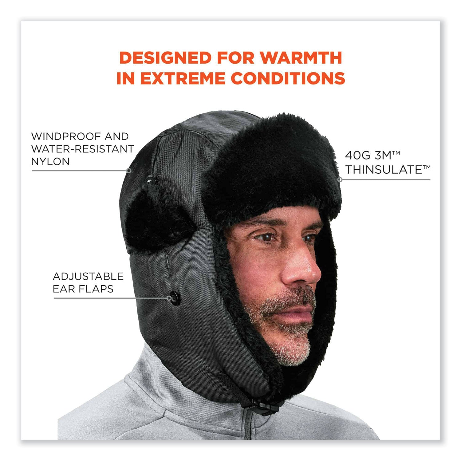 Ergodyne 6802Z Zippered Trapper Hat, Small/Medium, Black, Nylon/Oxford Nylon, 1 Each