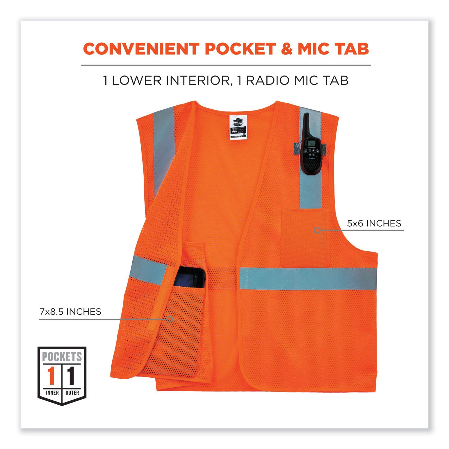 Ergodyne 8210HL Mesh Hi-Vis Safety Vest, 2X/3X, Orange, Reflective, Lightweight, Breathable, Hook & Loop Closure, Pocket, Mic Tab, ANSI/ISEA 107 Class 2, 1 Each