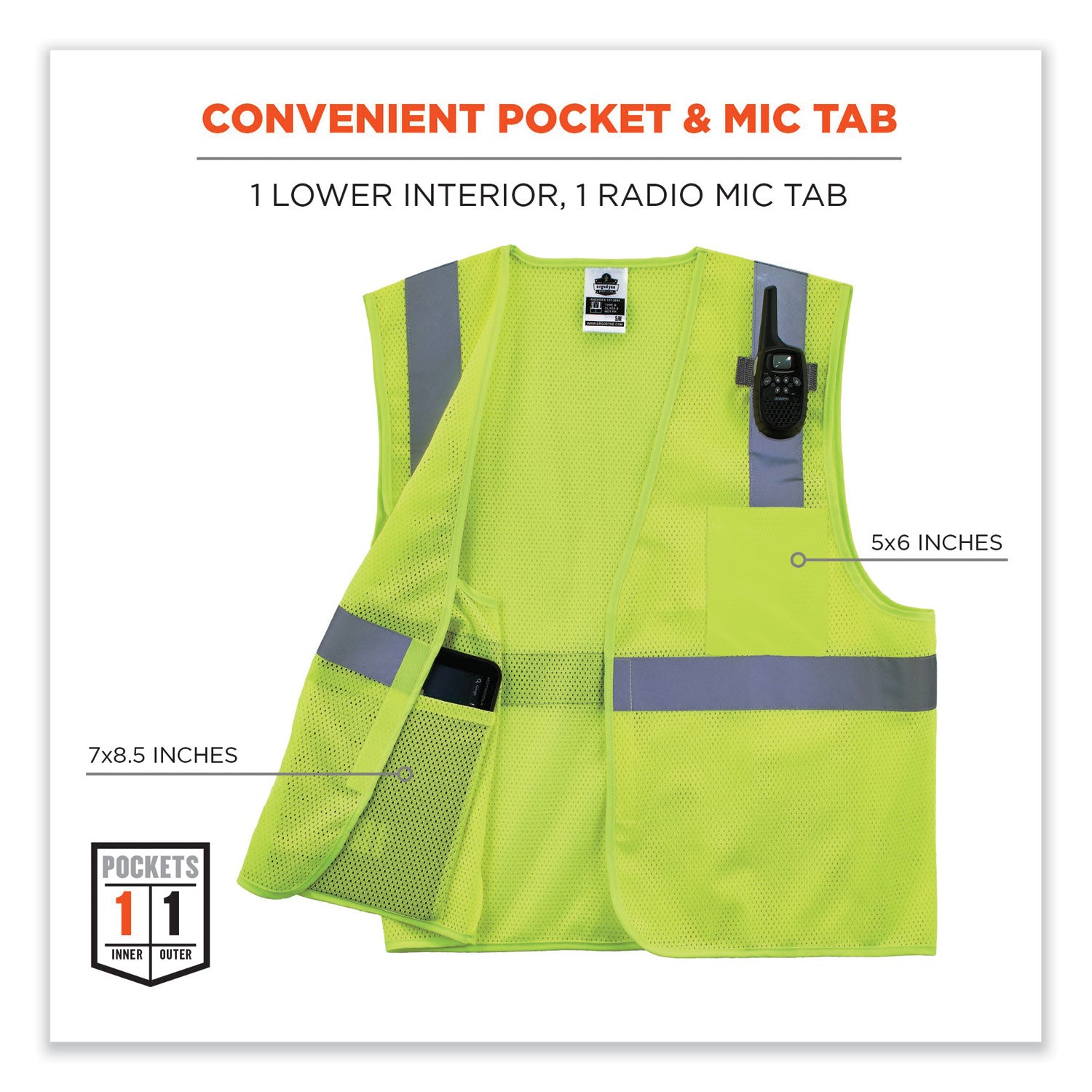 Ergodyne 8210HL Mesh Hi-Vis Safety Vest, Lime, 2X/3X, Reflective, Hook & Loop Closure, Breathable, Lightweight, Pocket, Mic Tab, 1 Each