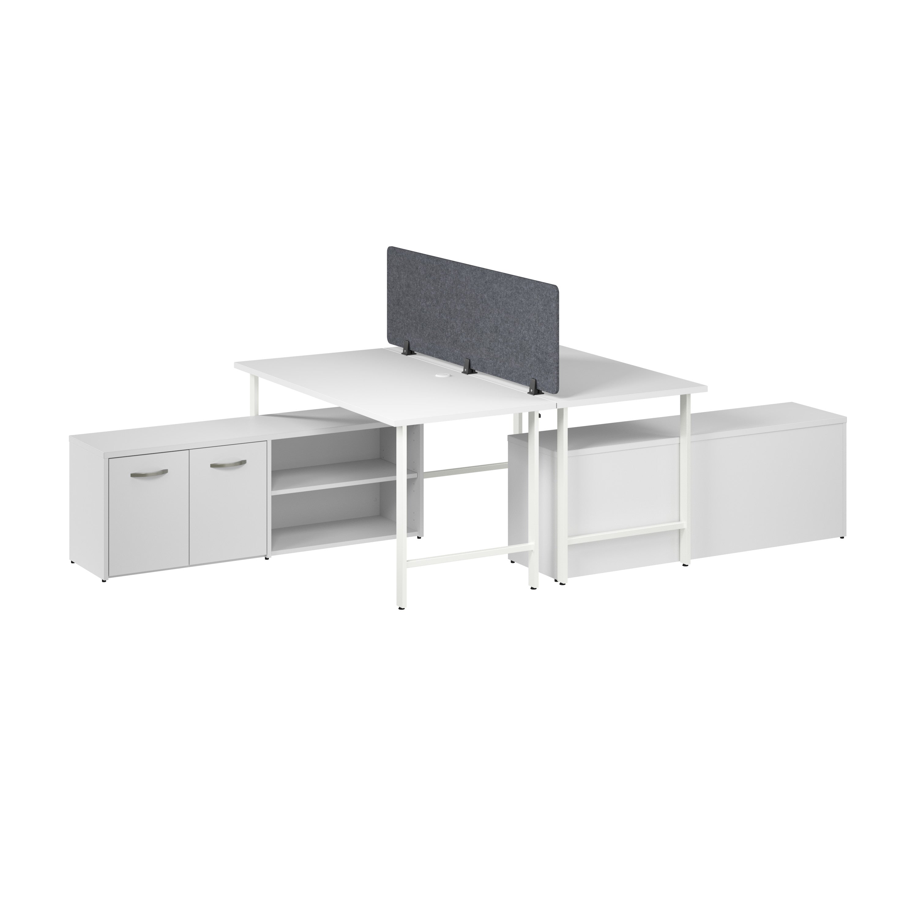 Bush Business Furniture Hustle 2 Person Computer Desk with Low Storage Cabinets, Power Grommets, and Privacy Screen in White - 59.44" Width x 29.37" Depth x 30.07" Height