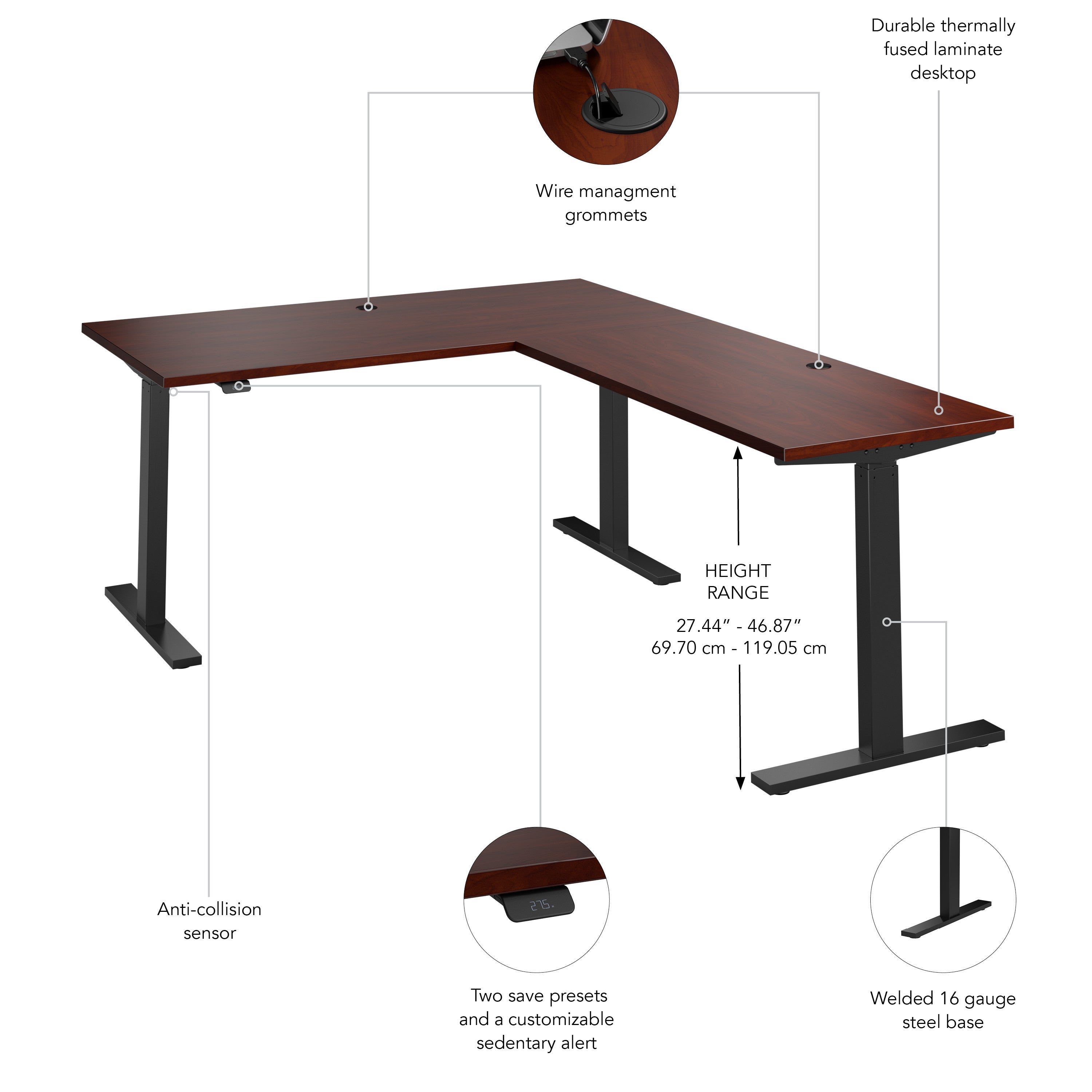 Bush Business Furniture Move 60 Series 60W Height Adjustable L Shaped Standing Desk in Hansen Cherry with Black Base - 59.45" Width x 76.97" Depth x 27.44" Height