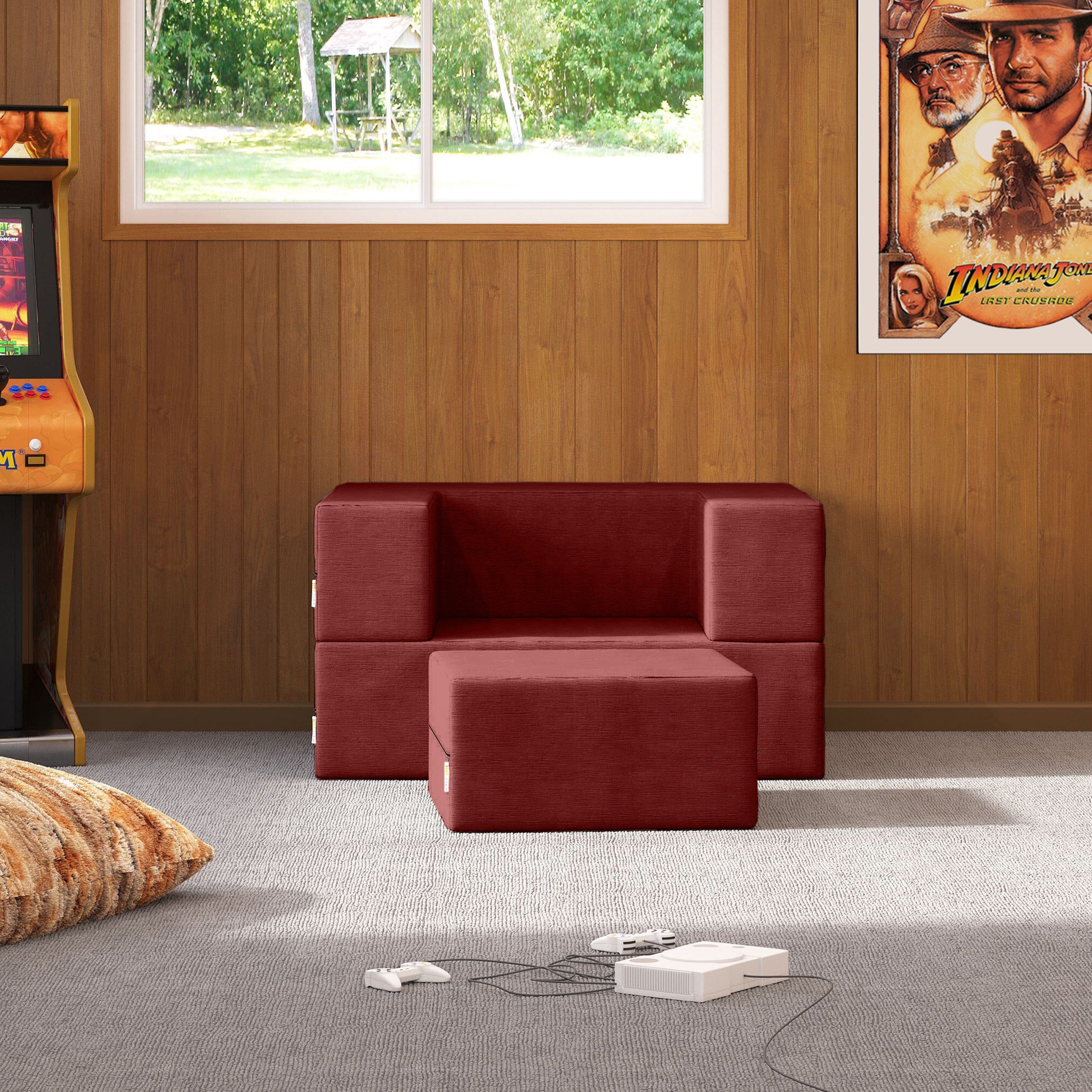 Jaxx Zipline Convertible Sleeper Futon Chair & Ottoman with Machine-Washable Cover, Berry Red