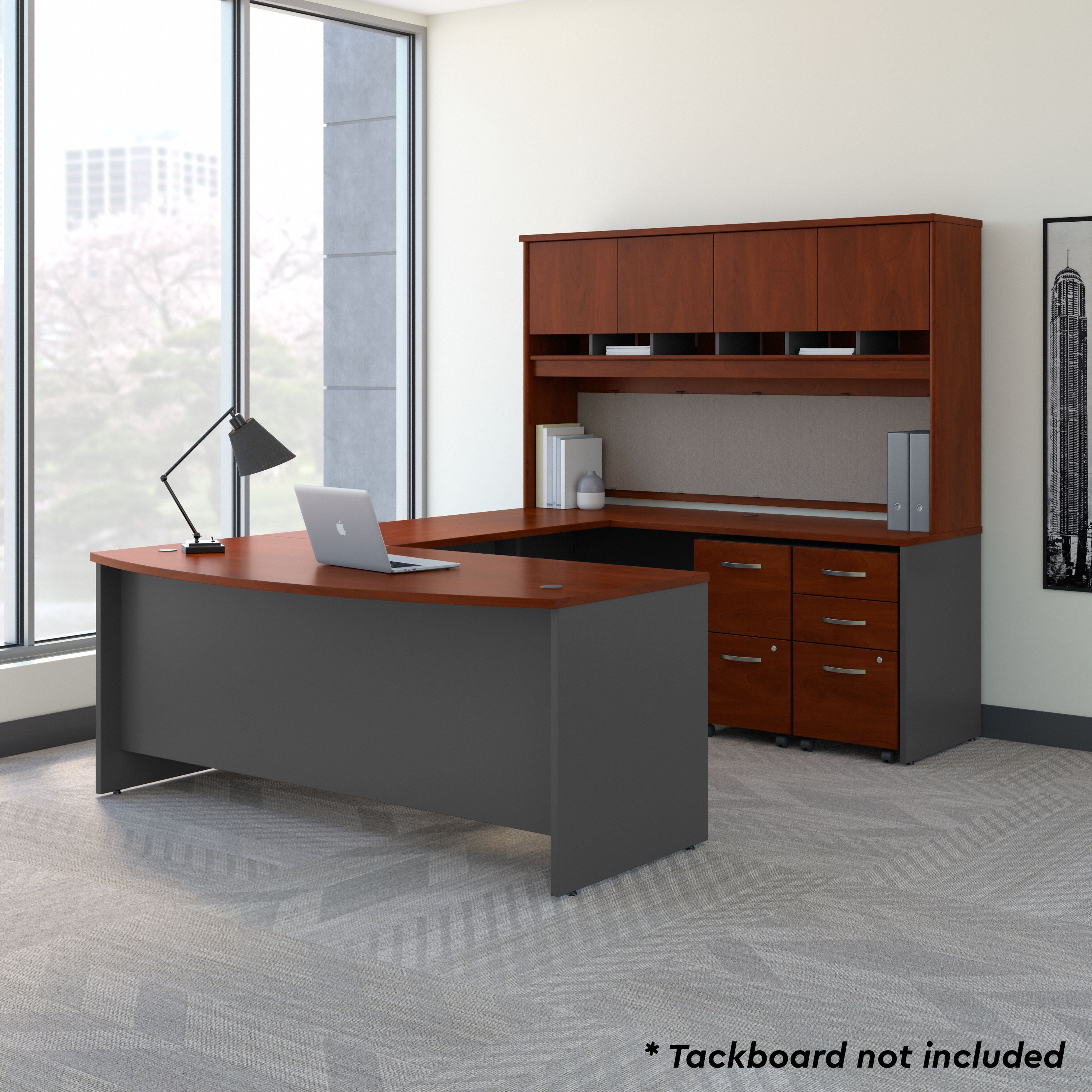 Bush Business Furniture 72W Bow Front U Shaped Desk with Hutch and Storage in Hansen Cherry - 71.1" Width x 107.09" Depth x 72.85" Height