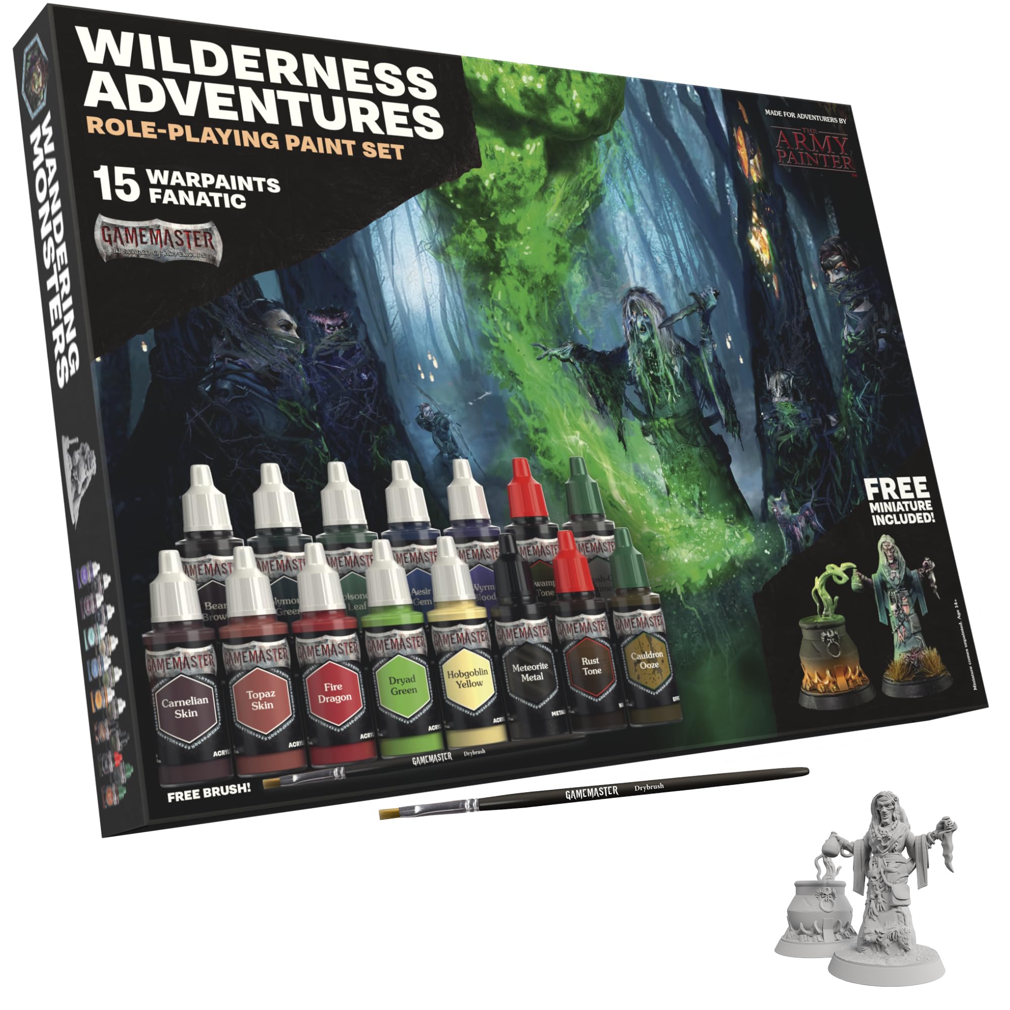 The Army Painter GameMaster: Wilderness Adventures Role-playing Paint Set, 15x18 ml Warpaints Fanatic Acrylic, 1 GameMaster Drybrush, 1 FREE Hard-plastic snap-fit Hag Miniature