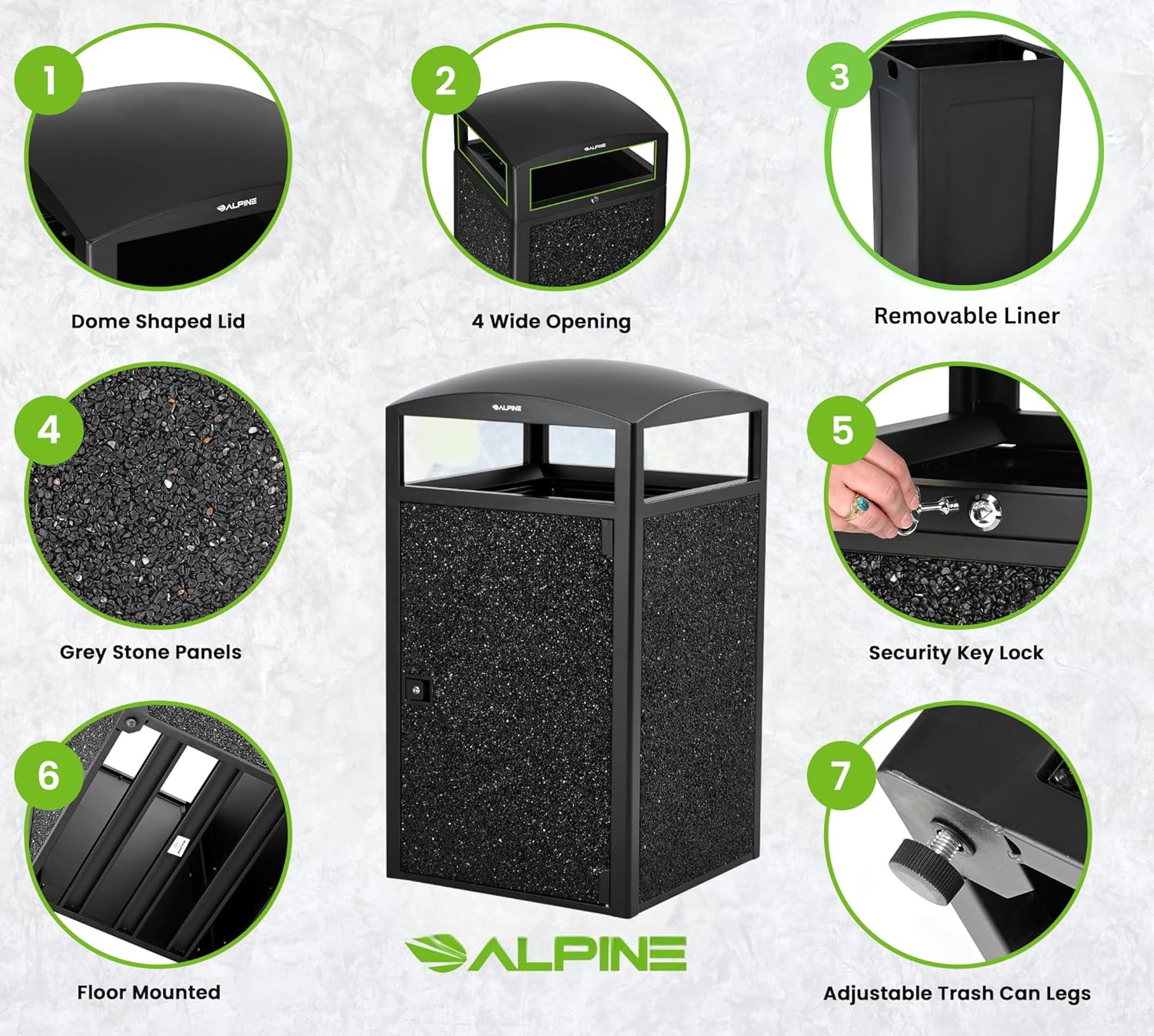 Alpine Industries Rugged 55-Gallon All Weather Trash Container with Door - Grey Stone Panels