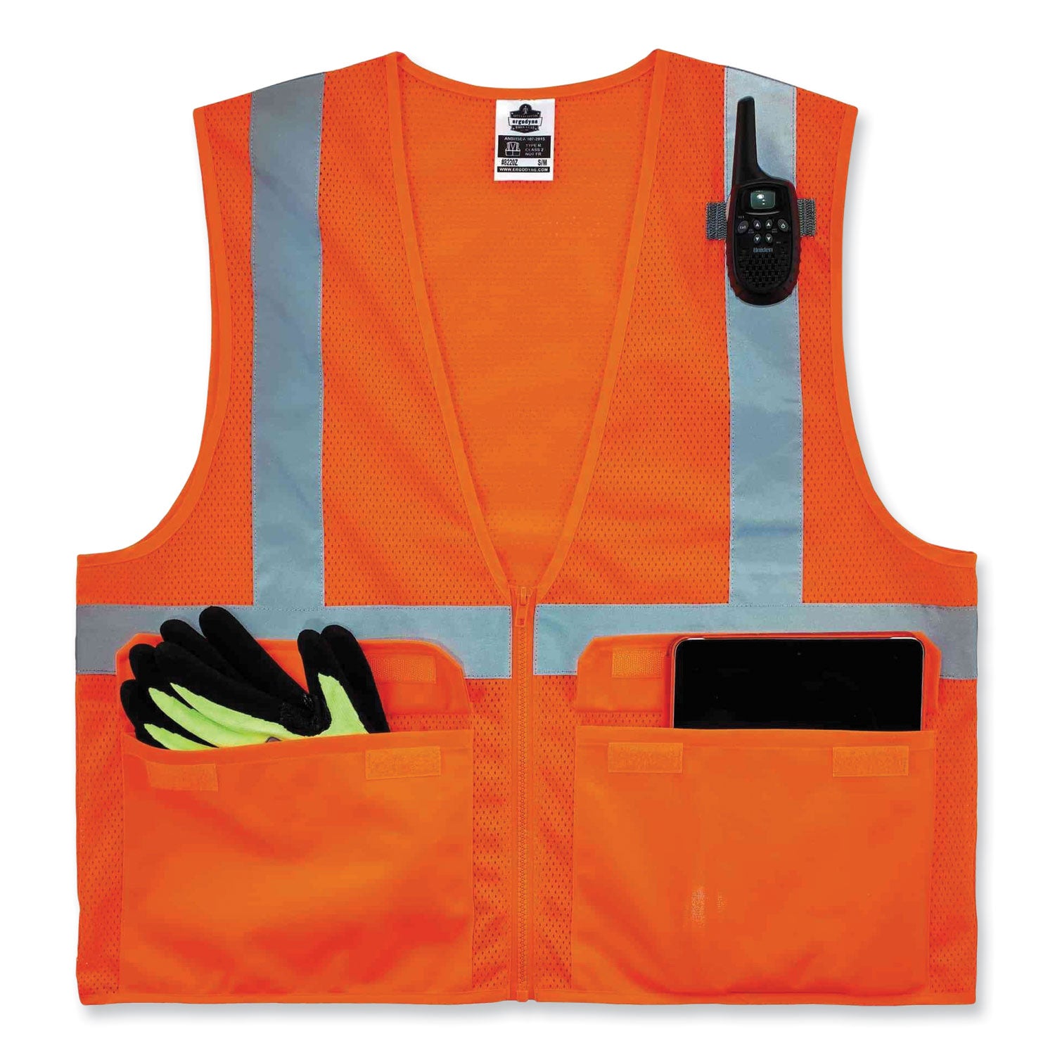 Ergodyne 8220Z Type R Class 2 Standard Mesh Vest, 4XL/5XL, Zipper Closure, Orange, Mesh Polyester, Pocket, Mic Tab, Reflective, 1 Each