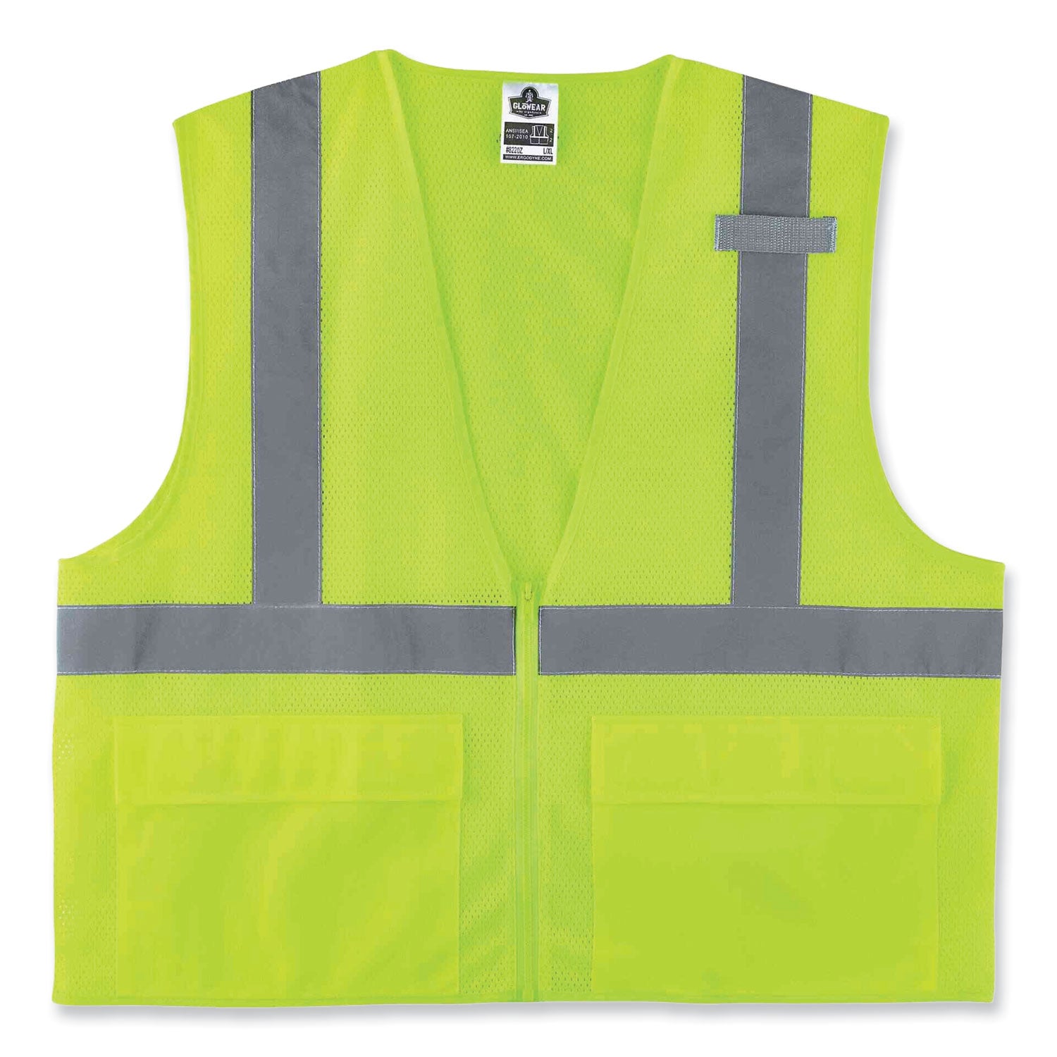 Ergodyne 8220Z Type R Class 2 Standard Mesh Vest, 4XL/5XL, Zipper Closure, Lime, Mesh Polyester, Pocket, Mic Tab, Reflective, 1 Each