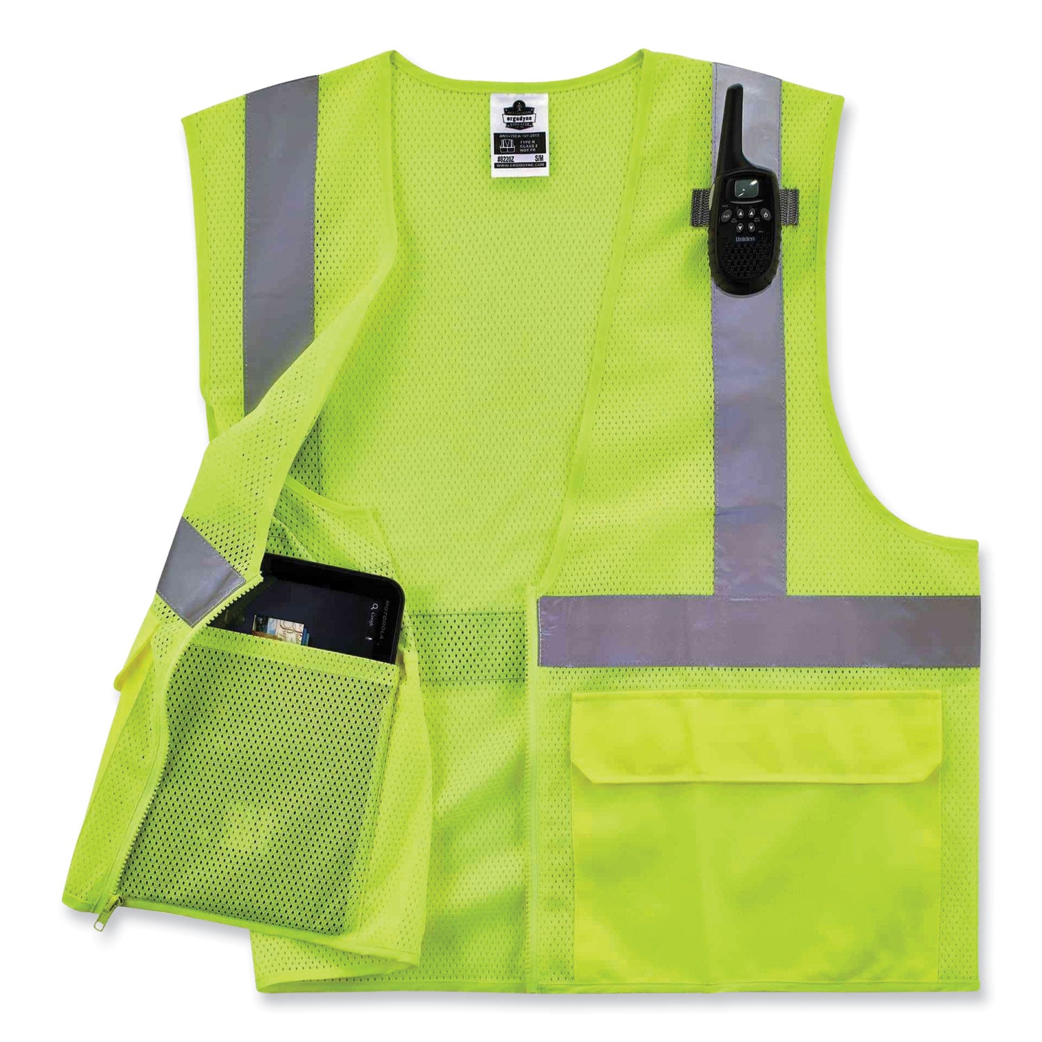 Ergodyne 8220Z Type R Class 2 Standard Mesh Vest, 4XL/5XL, Zipper Closure, Lime, Mesh Polyester, Pocket, Mic Tab, Reflective, 1 Each