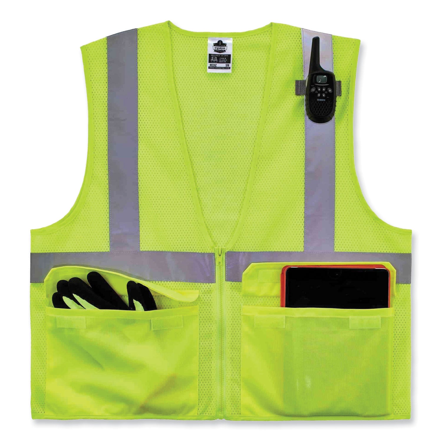 Ergodyne 8220Z Type R Class 2 Standard Mesh Vest, 4XL/5XL, Zipper Closure, Lime, Mesh Polyester, Pocket, Mic Tab, Reflective, 1 Each
