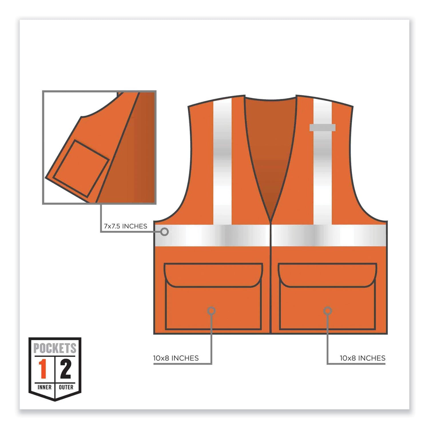 Ergodyne 8220HL Type R Class 2 Standard Mesh Vest, Small/Medium, Hook & Loop Closure, Orange, Mesh Fabric, Polyester Mesh, Pocket, Mic Tab, Reflective, 1 Each