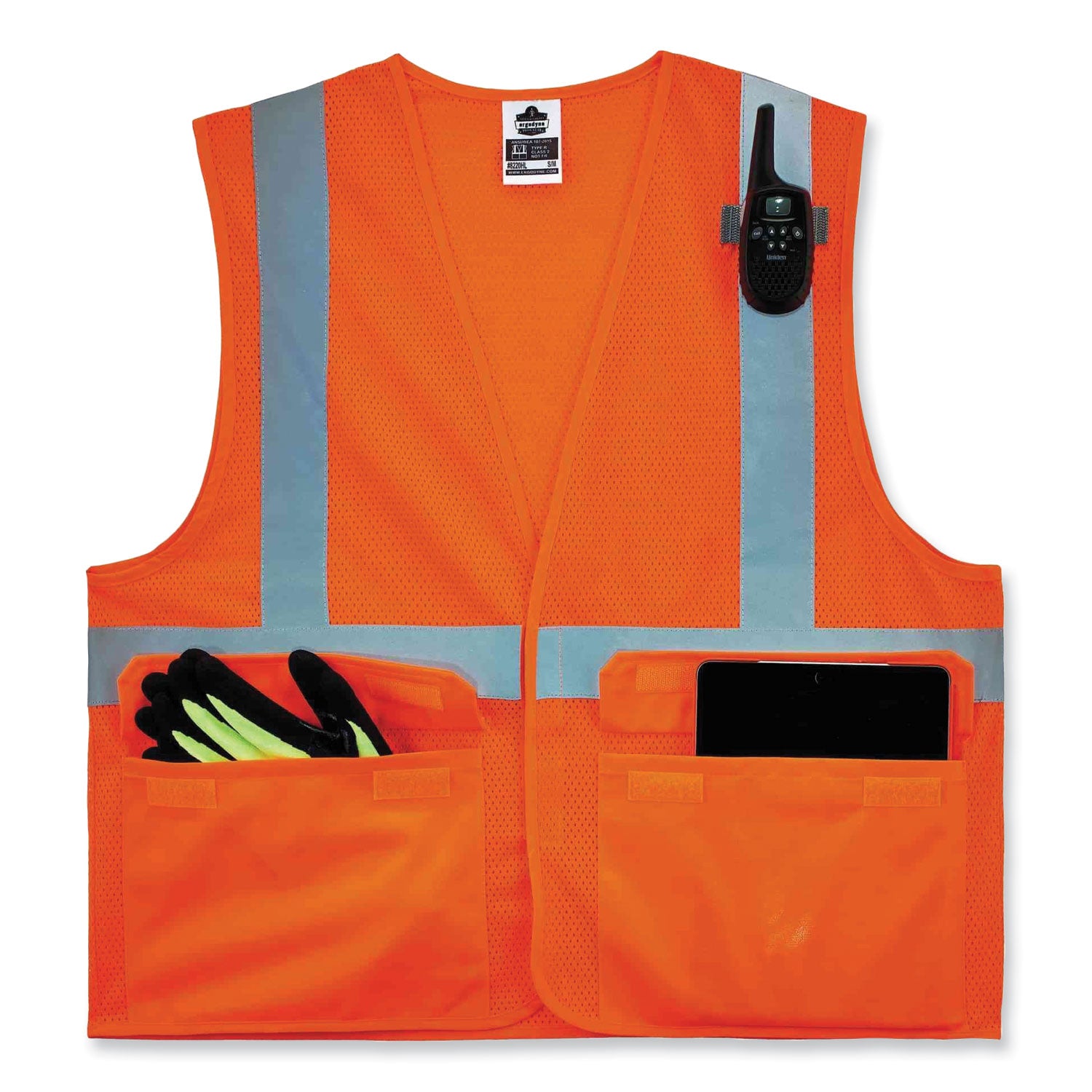 Ergodyne 8220HL Type R Class 2 Standard Mesh Vest, Small/Medium, Hook & Loop Closure, Orange, Mesh Fabric, Polyester Mesh, Pocket, Mic Tab, Reflective, 1 Each