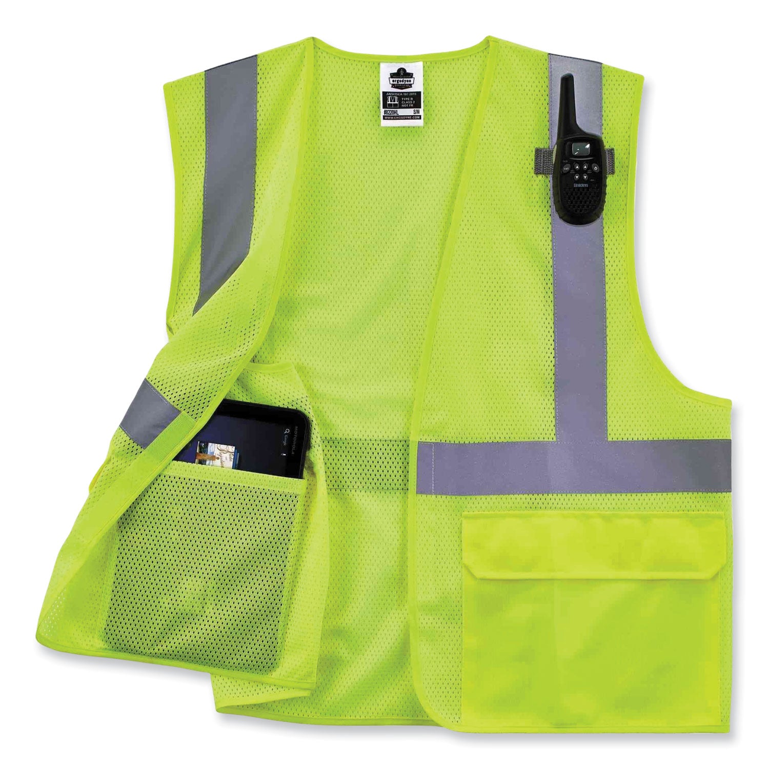 Ergodyne 8220HL Type R Class 2 Standard Mesh Vest, Small/Medium, Hook & Loop Closure, Lime, Mesh Fabric, Polyester Mesh, Pocket, Mic Tab, Reflective, 1 Each