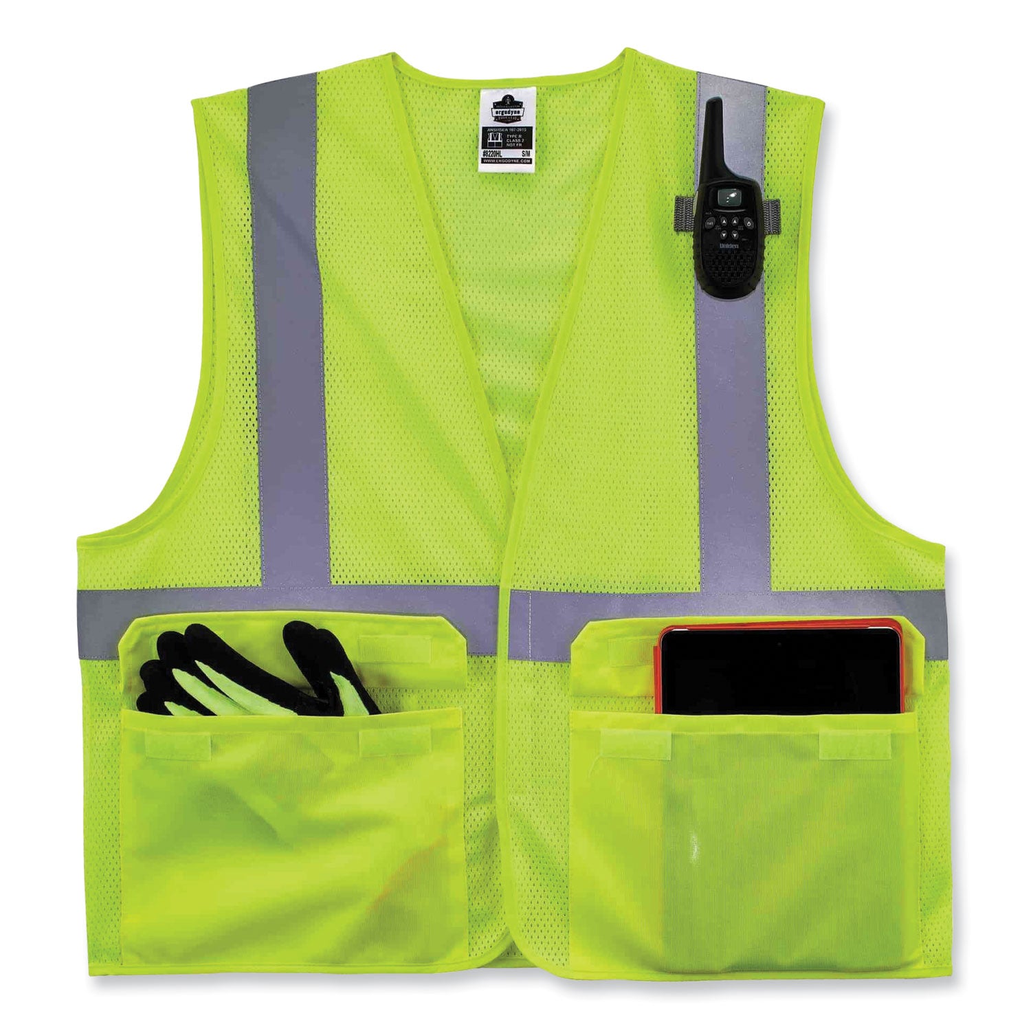 Ergodyne 8220HL Type R Class 2 Standard Mesh Vest, Small/Medium, Hook & Loop Closure, Lime, Mesh Fabric, Polyester Mesh, Pocket, Mic Tab, Reflective, 1 Each