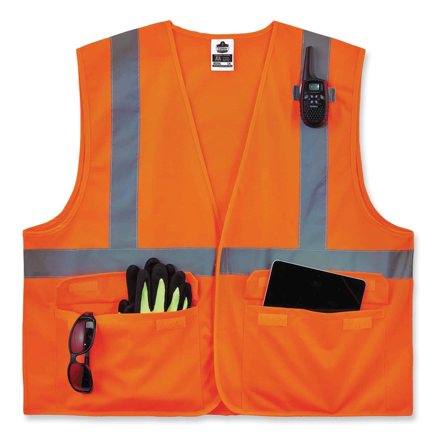 Ergodyne 8225HL Type R Class 2 Standard Solid Vest, Large/Extra Large, Hook & Loop Closure, Polyester, Orange, Pocket, Mic Tab, Reflective, 1 Each