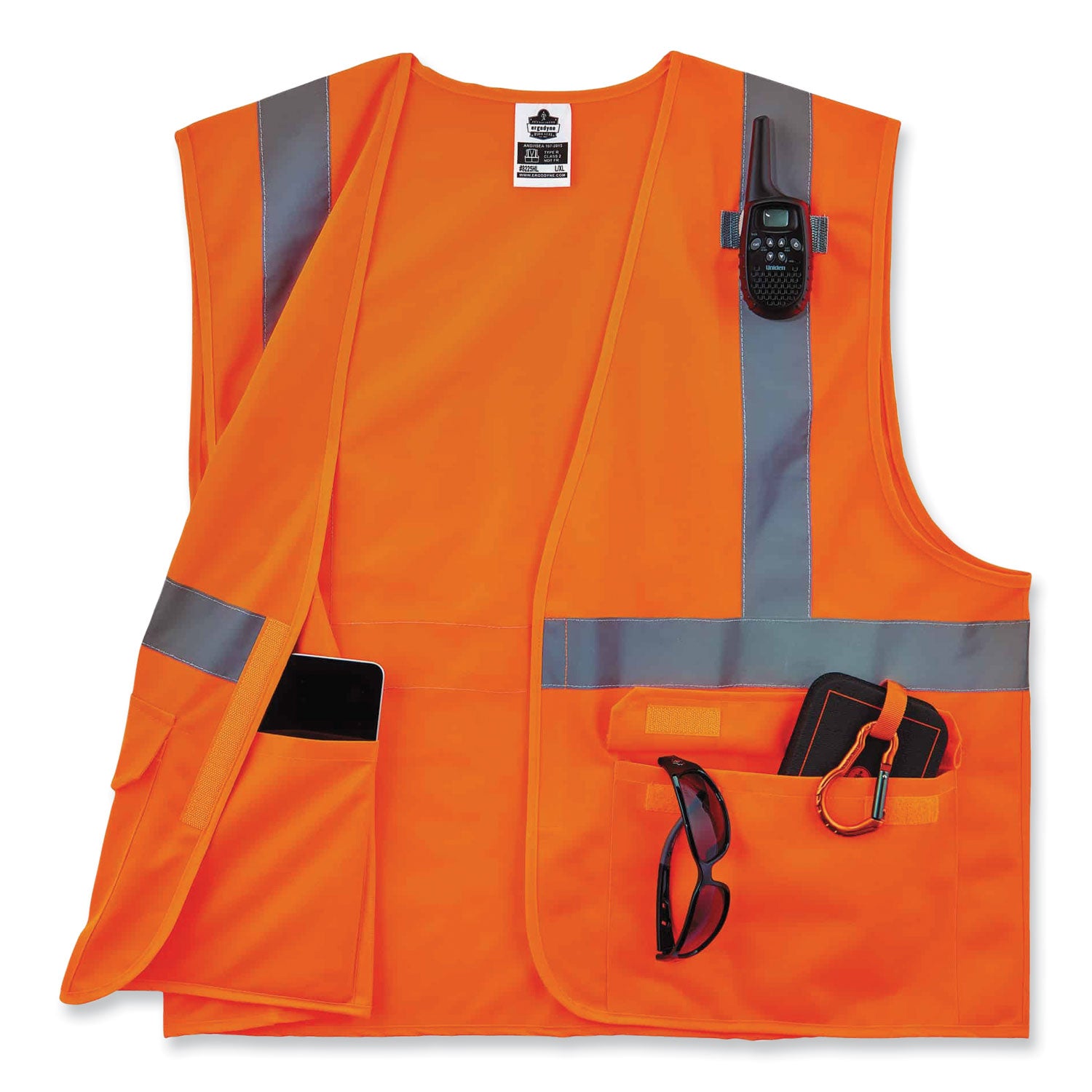 Ergodyne 8225HL Type R Class 2 Standard Solid Vest, 4XL/5XL, Hook & Loop Closure, Polyester, Orange, Pocket, Mic Tab, Reflective, 1 Each