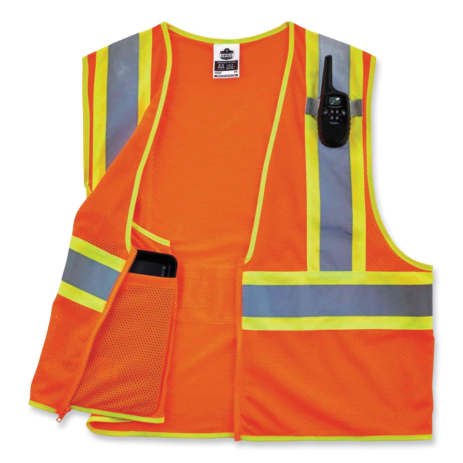 Ergodyne Class 2 Two-tone Orange Vest - Recommended for: Construction - Large/Extra Large - Zipper Closure - Polyester Mesh, Fabric - Orange, Lime, Silver - Reflective, Machine Washable, Lightweight, Zipper Closure, Pocket, High Visibility - 1 Each