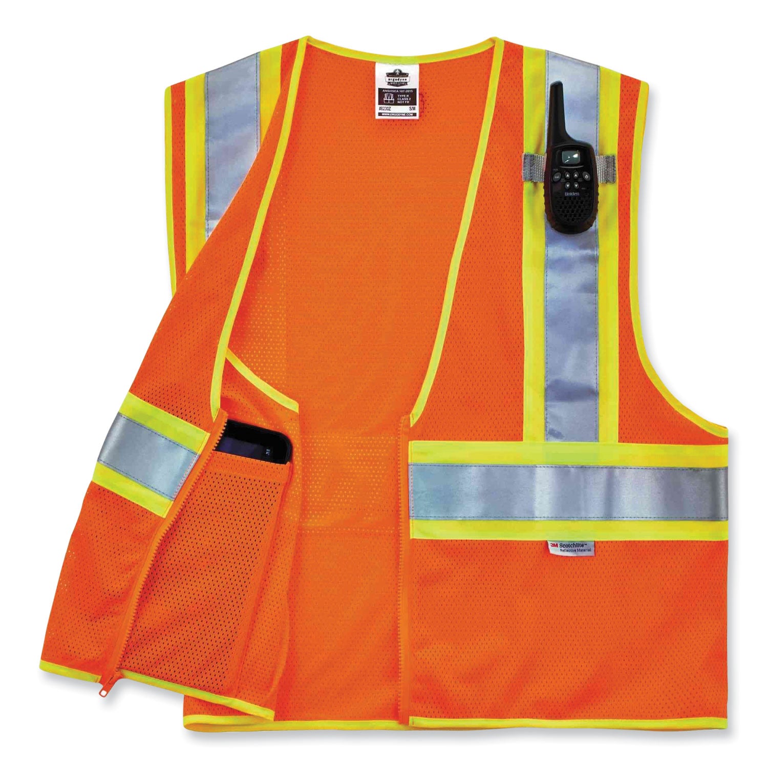 Ergodyne 8230Z Type R Class 2 Two-Tone Vest, Large/Extra Large, Zipper Closure, Mesh Polyester, Orange, Pocket, Mic Tab, Reflective, 1 Each