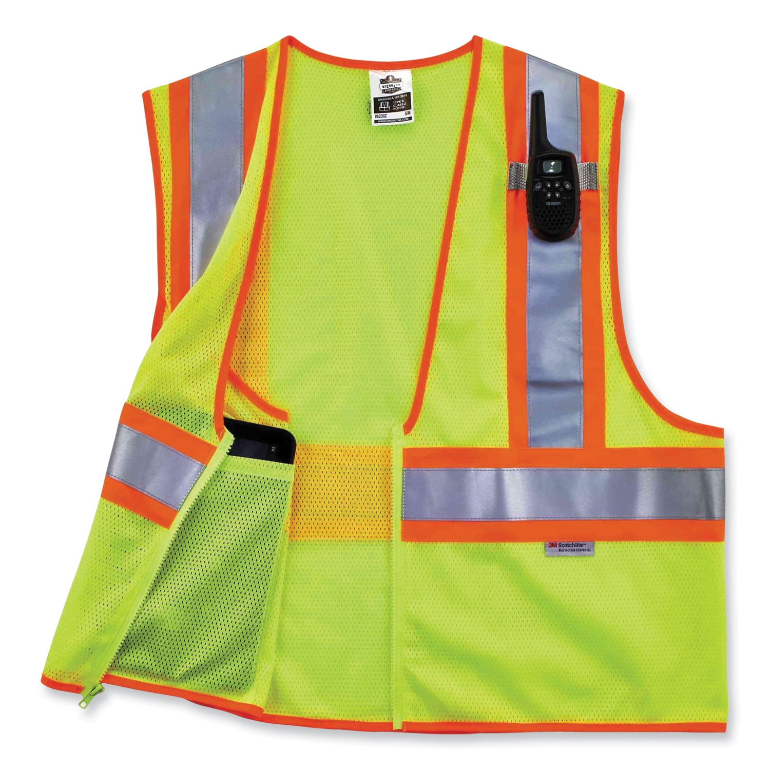 Ergodyne 8230Z Type R Class 2 Two-Tone Vest, 2XL/3XL, Zipper Closure, Mesh Polyester, Lime, Pocket, Mic Tab, Reflective, 1 Each