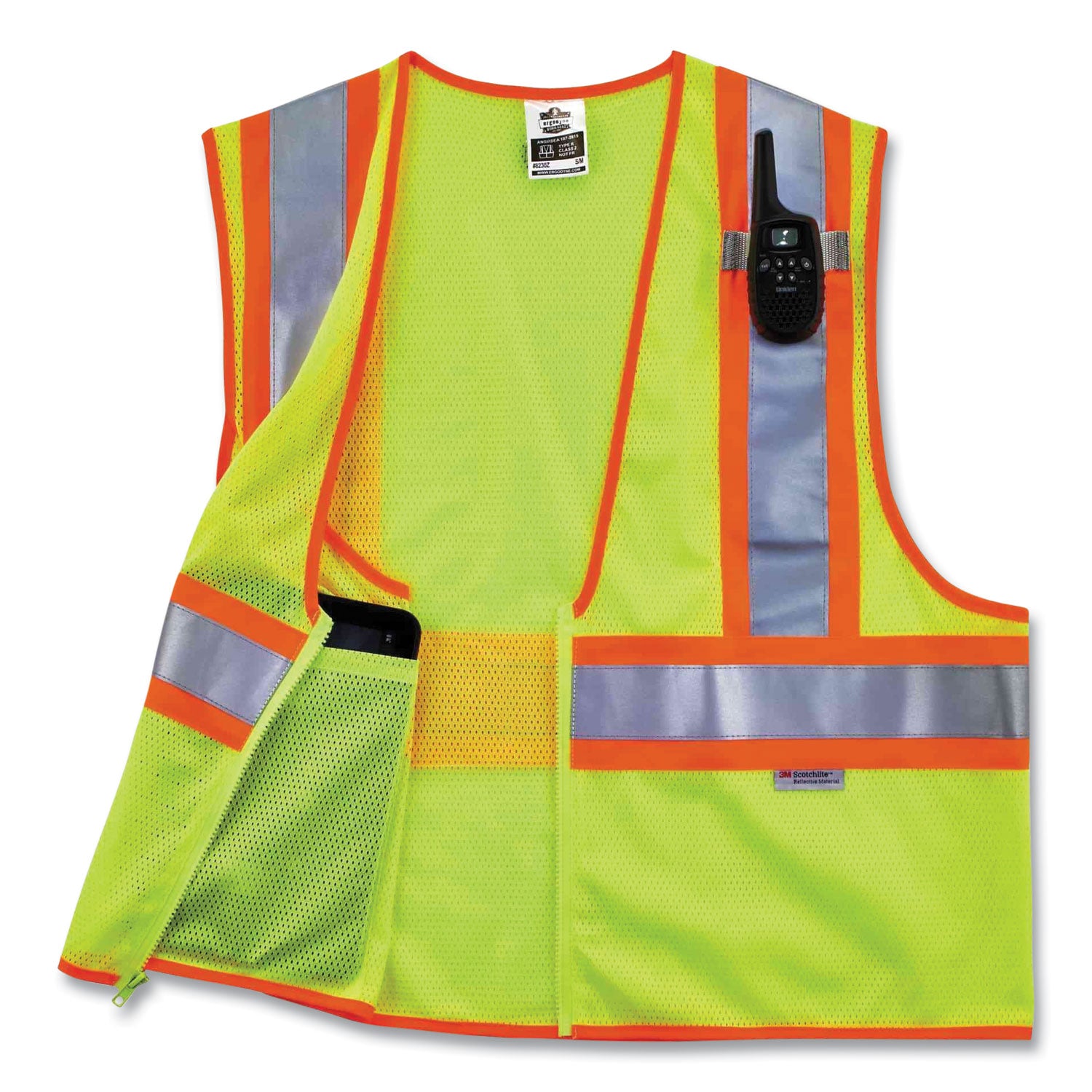 Ergodyne 8230Z Type R Class 2 Two-Tone Vest, 4XL/5XL, Zipper Closure, Mesh Polyester, Lime, Pocket, Mic Tab, Reflective, 1 Each