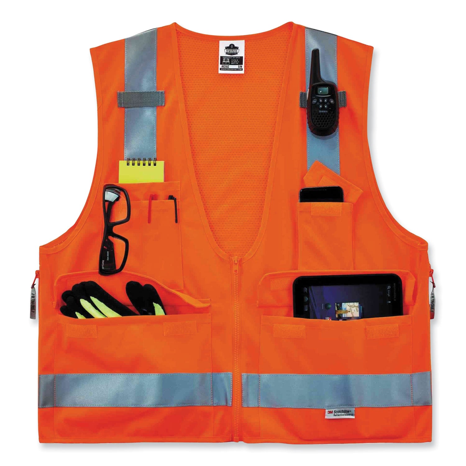Ergodyne 8250Z Type R Class 2 Surveyors Vest, Small/Medium, Zipper Closure, Poly Mesh, Orange, Pocket, Mic Tab, Reflective, 1 Each