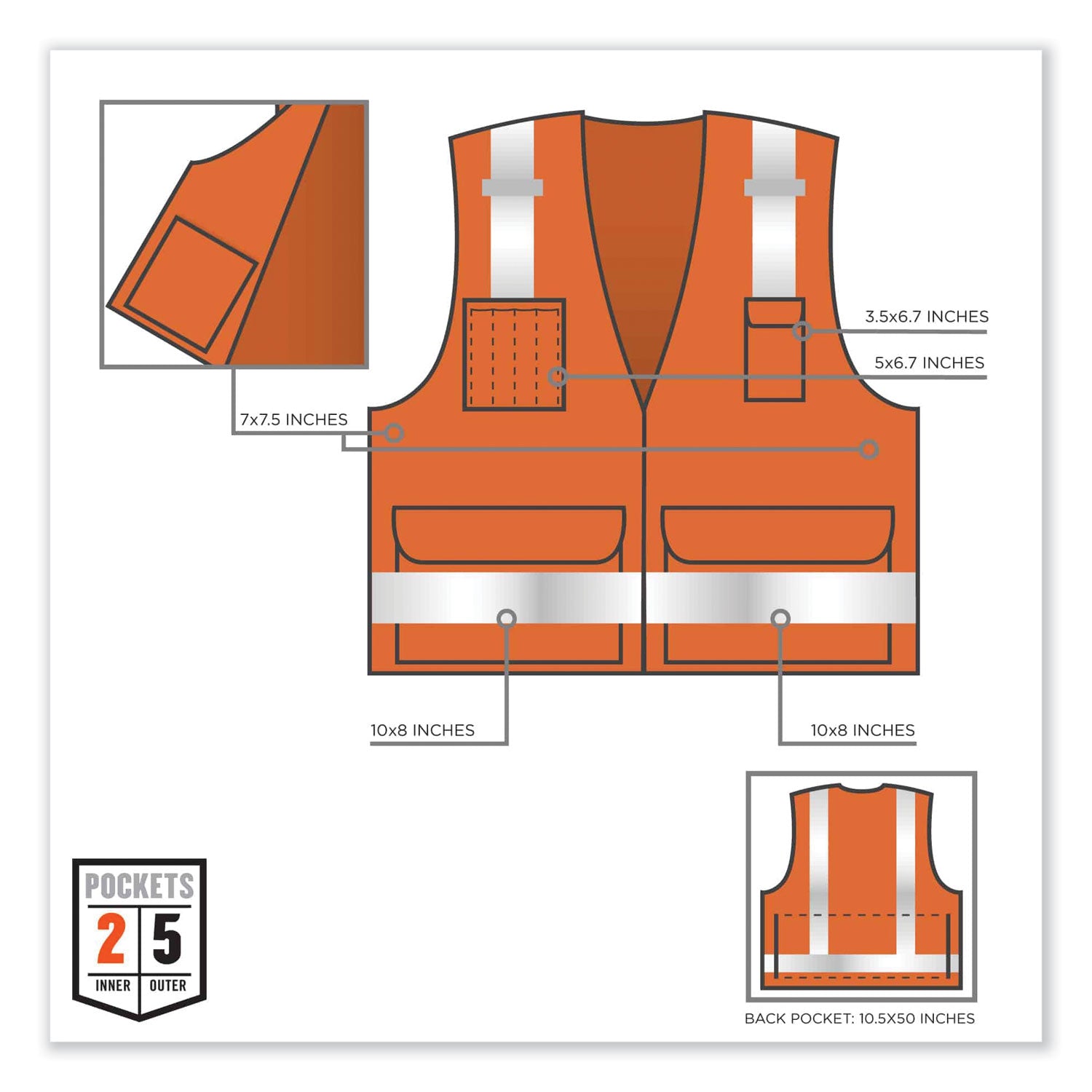 Ergodyne 8250Z Type R Class 2 Surveyors Vest, Large/Extra Large, Zipper Closure, Poly Mesh, Orange, Pocket, Mic Tab, Reflective, 1 Each
