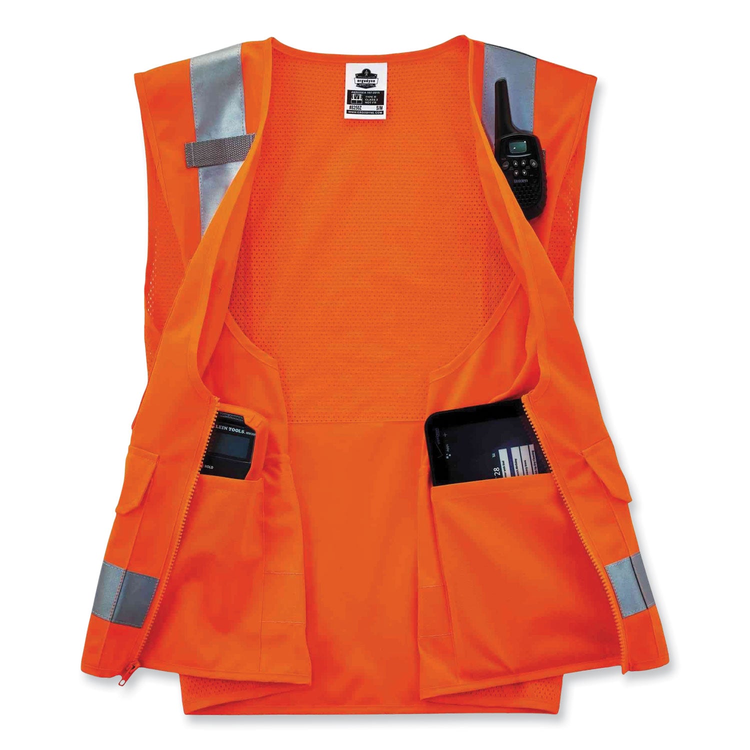 Ergodyne 8250Z Type R Class 2 Surveyors Vest, Large/Extra Large, Zipper Closure, Poly Mesh, Orange, Pocket, Mic Tab, Reflective, 1 Each