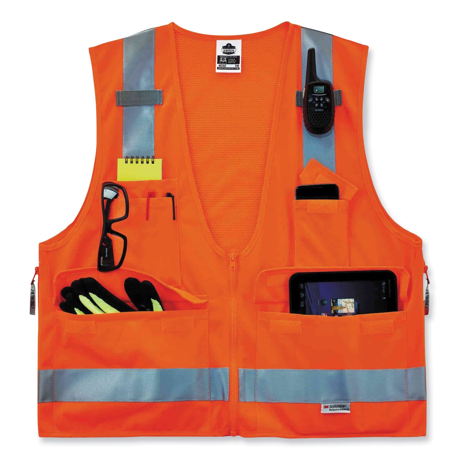 Ergodyne 8250Z Type R Class 2 Surveyors Vest, 2-3XL, Zipper Closure, Poly Mesh, Orange, Pockets, Mic Tab, Reflective, 1 Each