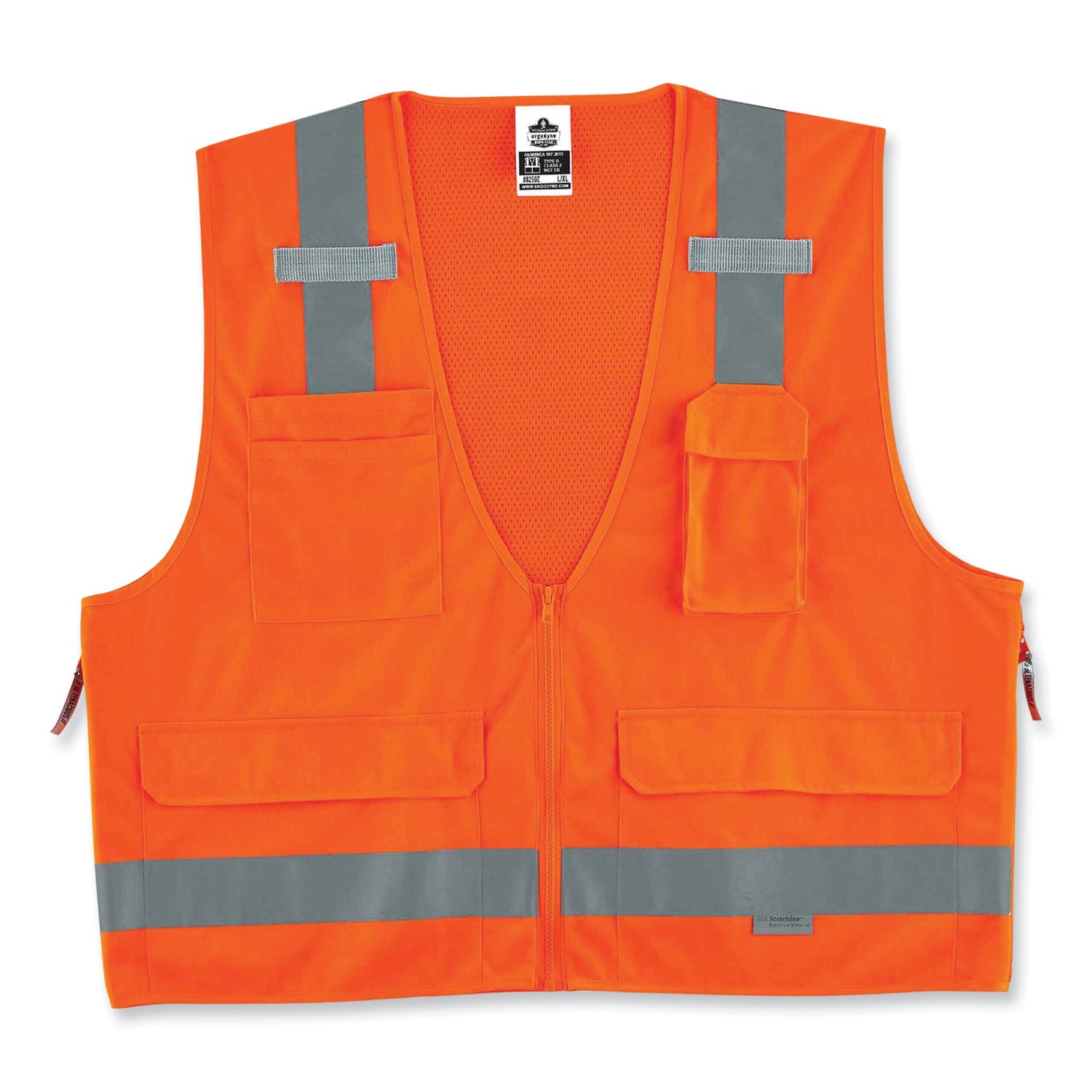 Ergodyne 8250Z Type R Class 2 Surveyors Vest, 4XL/5XL, Zipper Closure, Poly Mesh, Orange, Pocket, Mic Tab, Reflective, 1 Each