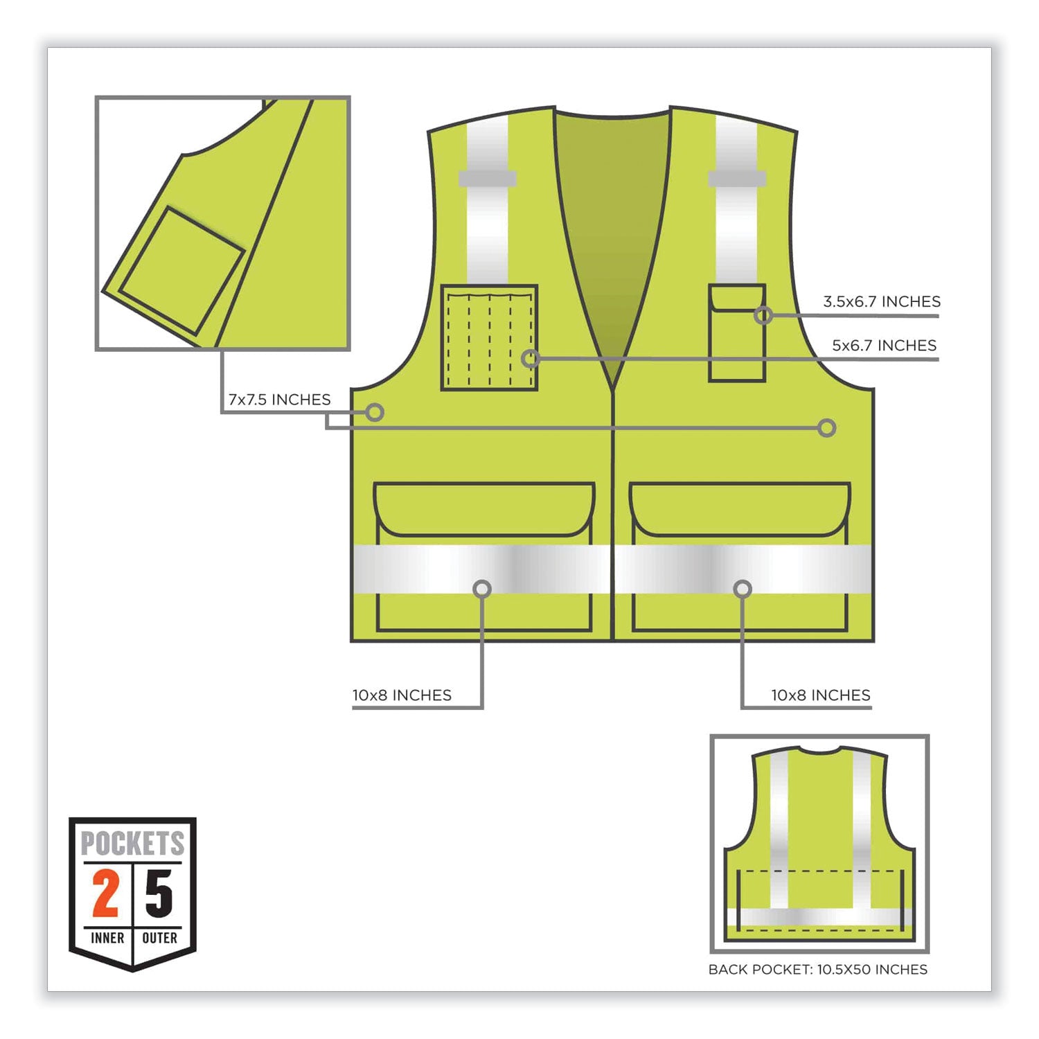 Ergodyne 8250Z Type R Class 2 Surveyors Vest, Small/Medium, Zipper Closure, Poly Mesh, Lime, Pocket, Mic Tab, Reflective, 1 Each