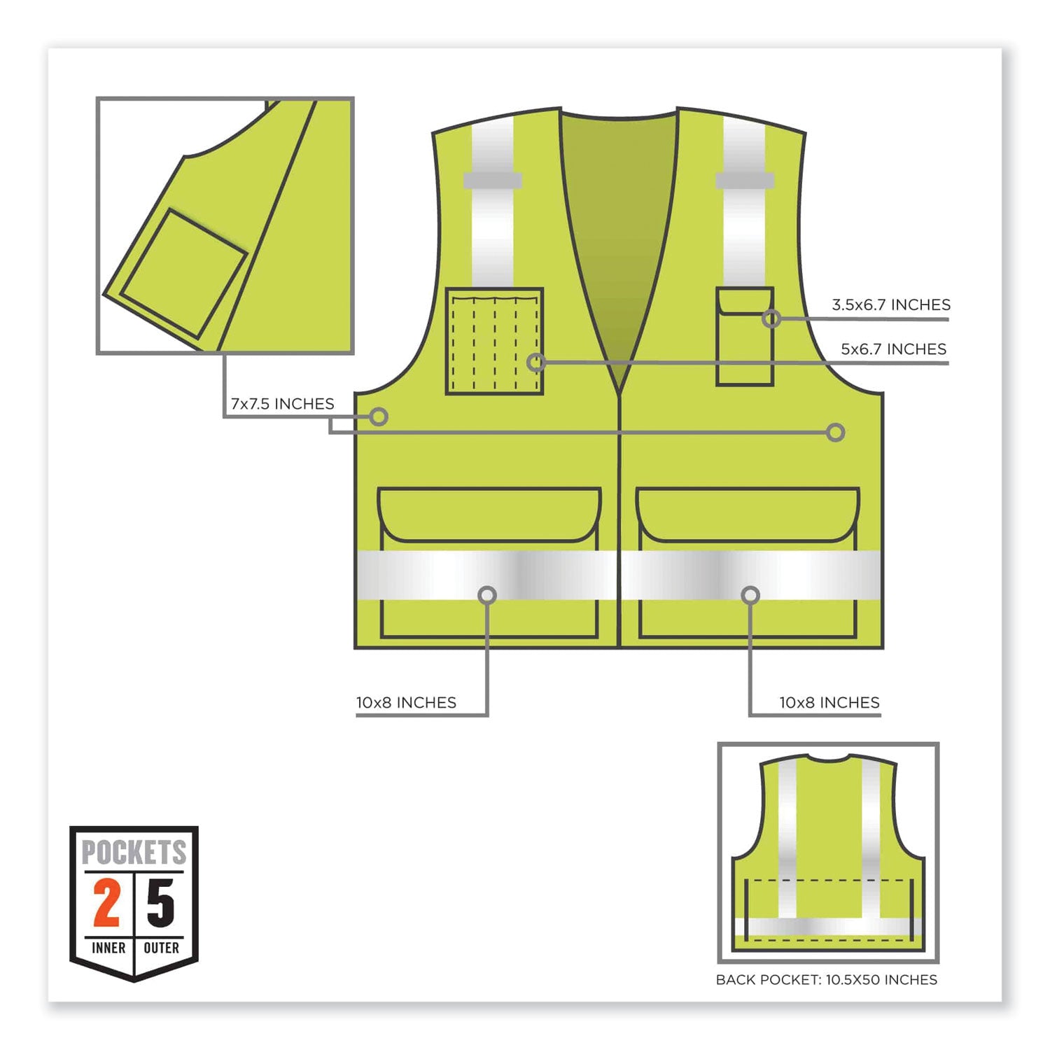 GloWear 8250Z Class 2 Surveyors Zipper Vest, Polyester, Large/X-Large, Lime